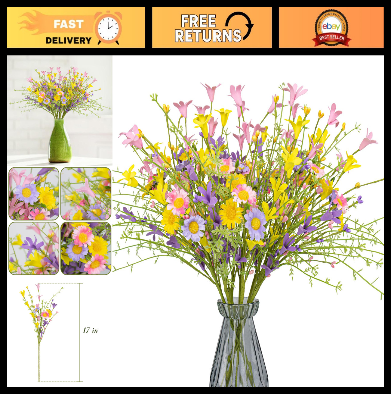 18 Pack Artificial Spring Flowers – 17” Forsythia Stems with Berries for Home De