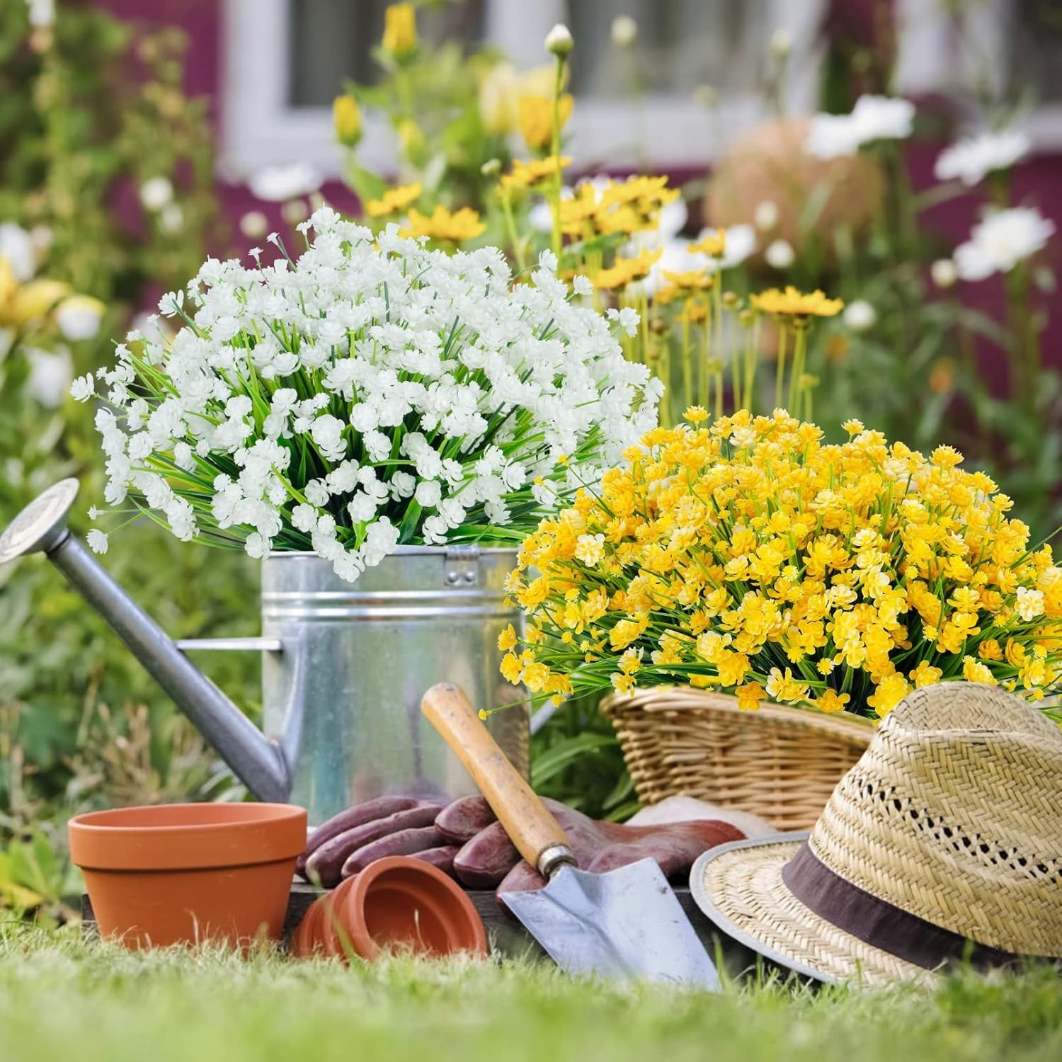 Elegant Yellow Artificial Flowers: 12 UV Resistant Bundles for Charming Spaces