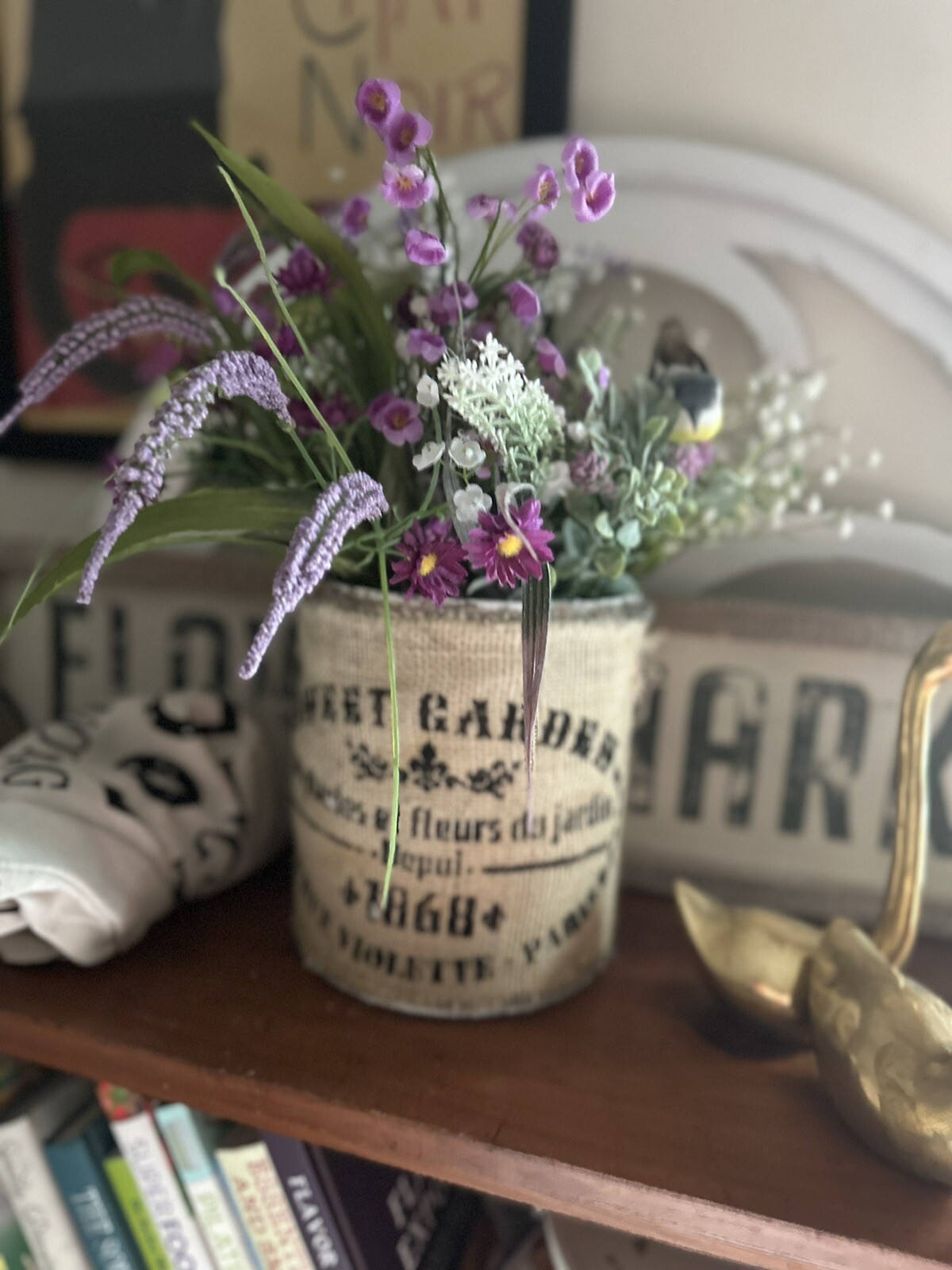 Unique One Of A Kind Shabby style Faux Wild Flowers Paint Can Decor, Burlap