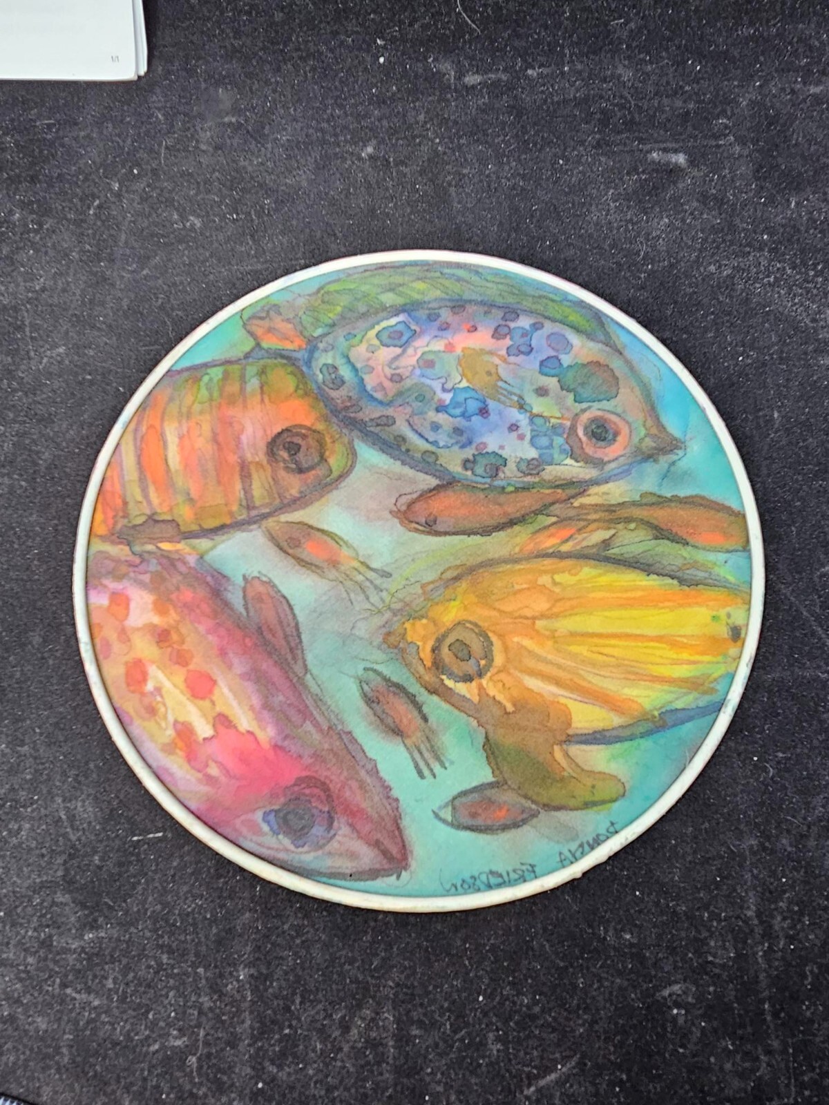 Donna Lynn Friedson Hand Painted Silk Round With Fish