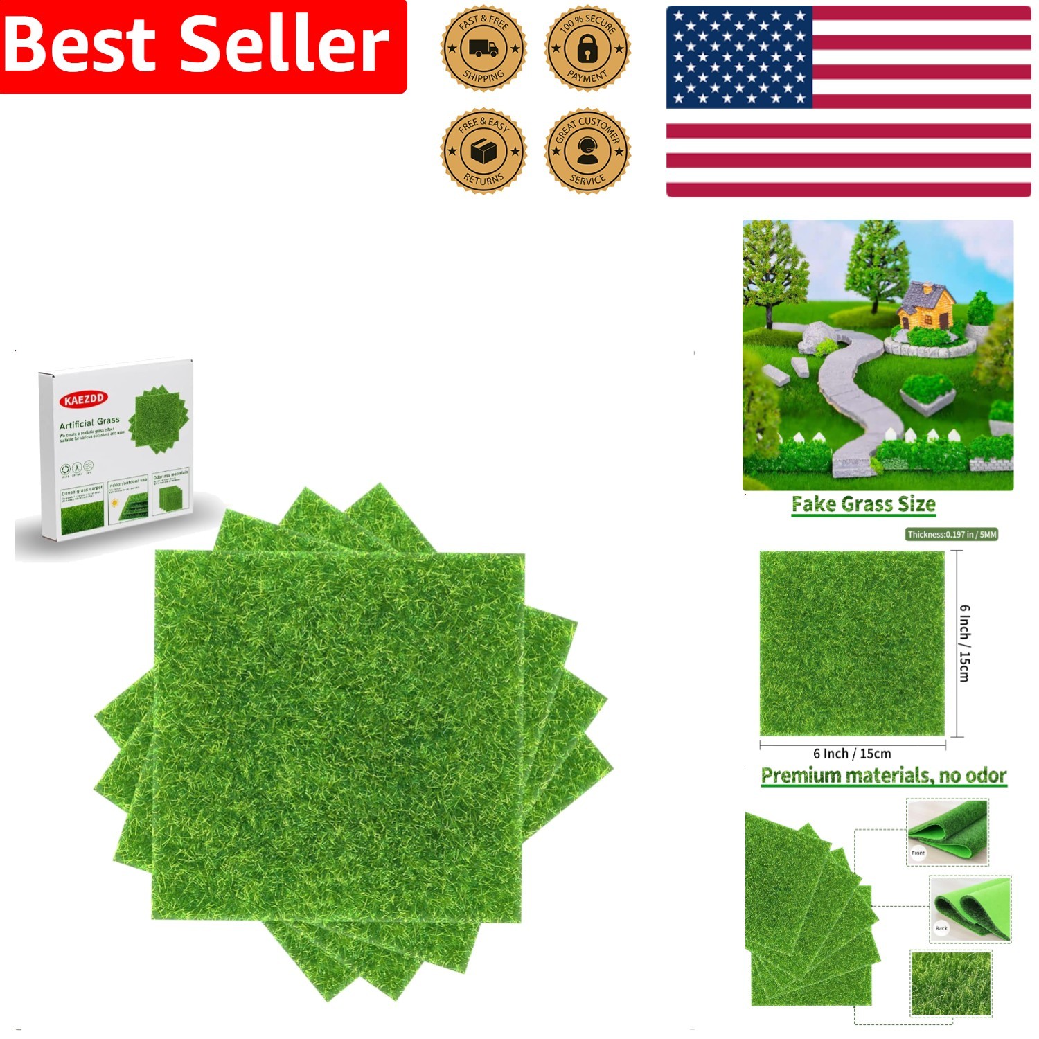 4 Packs 6X6 Inch Artificial Grass Decor for Crafts, Miniature Ornament Turf