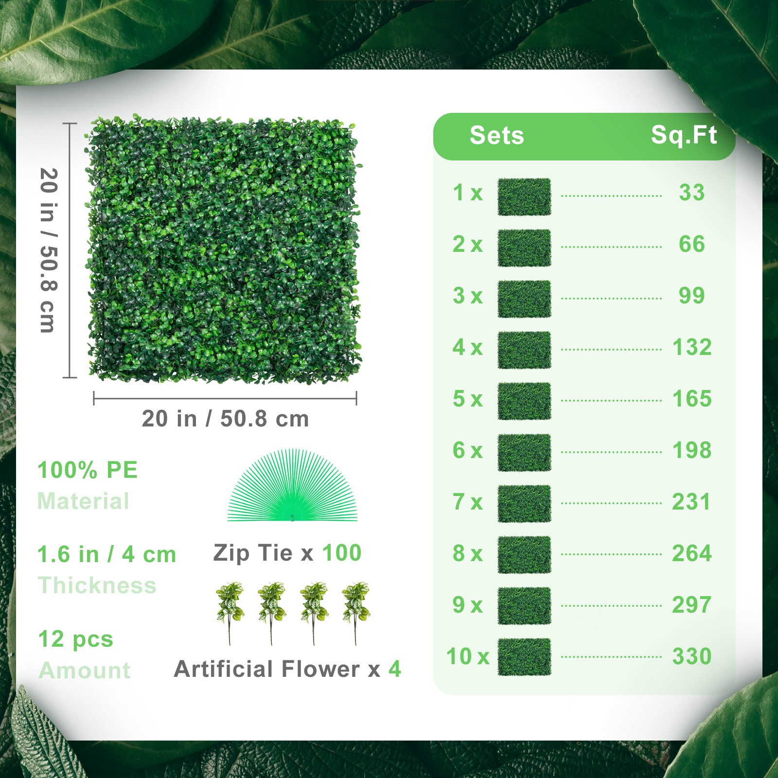 12pcs 20×20″ Artificial Boxwood Wall Hedge Mat Plant Panels Outdoor Grass Fence