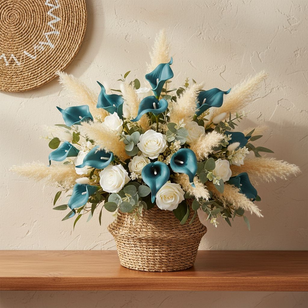 Teal Calla Lily Stems Faux Floral Bouquet Peacock Blue Flowers 5 Stem Bunch Mode