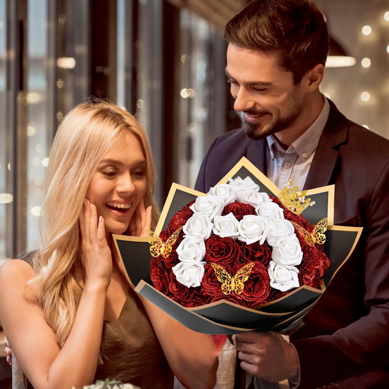 Red White Glitter Roses Bouquet 36PCS DIY Fake Flowers Valentine’s Anniversary