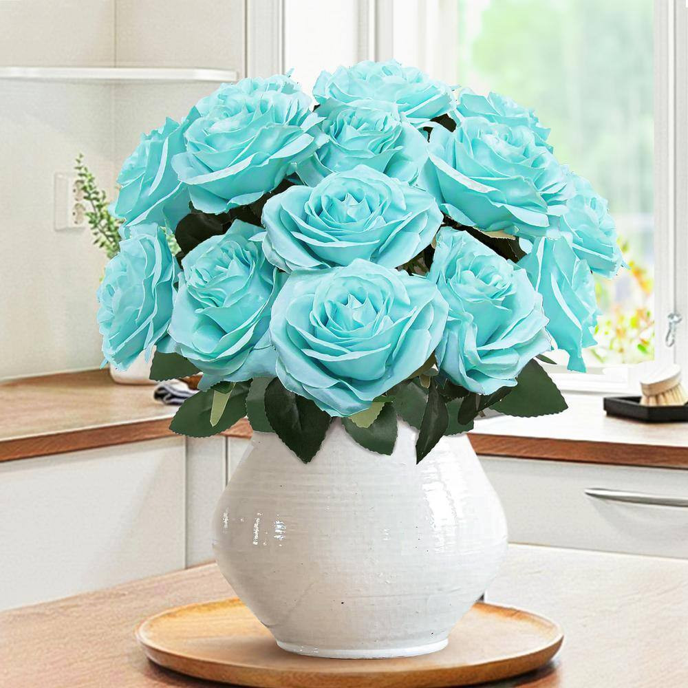 18 In. Deluxe Tiffany Blue Artificial Queen Rose Flower Stem Bush Bouquet (Set o