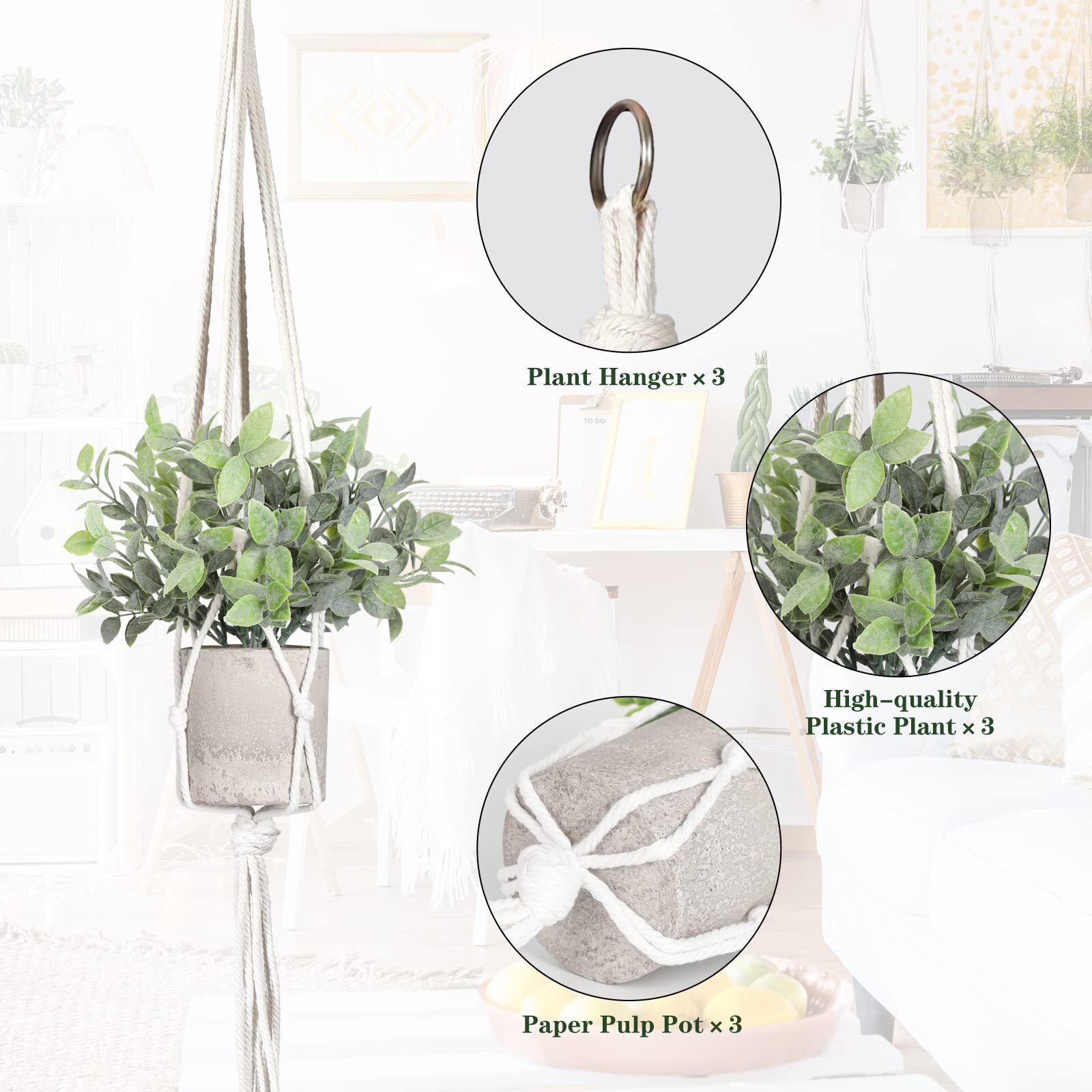 Artificial Plants 3 Pack Mini Fake Hanging With Macrame Plant Hangers Decorative