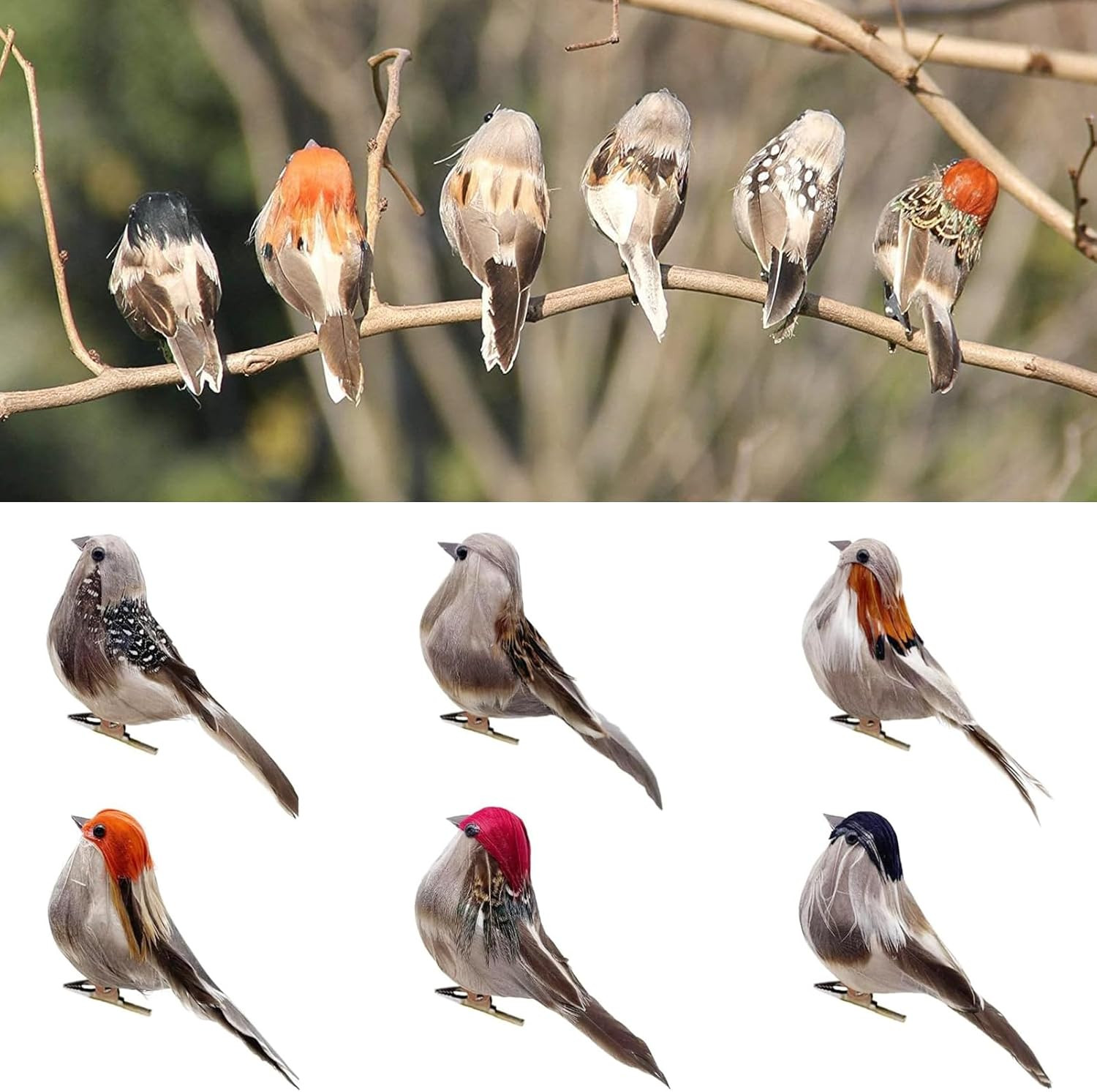 6pcs Artificial Birds Realistic 3.9-Inch Simulation Foam Feather Sparrow Bird Cl