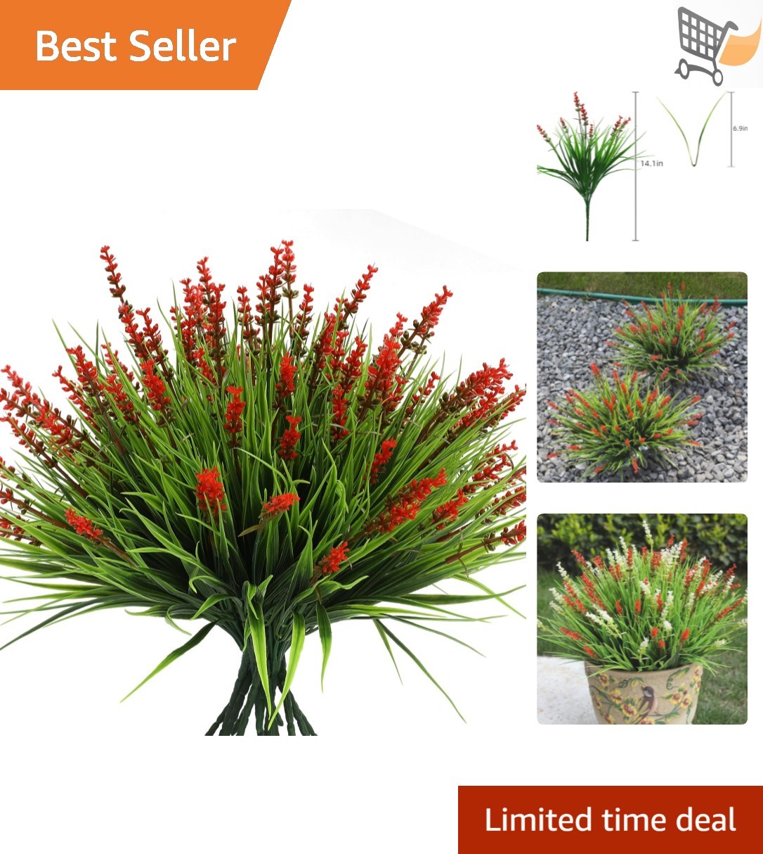 Artificial Outdoor Flowers 12 Bundles Faux Red Flower Grass Summer Decor