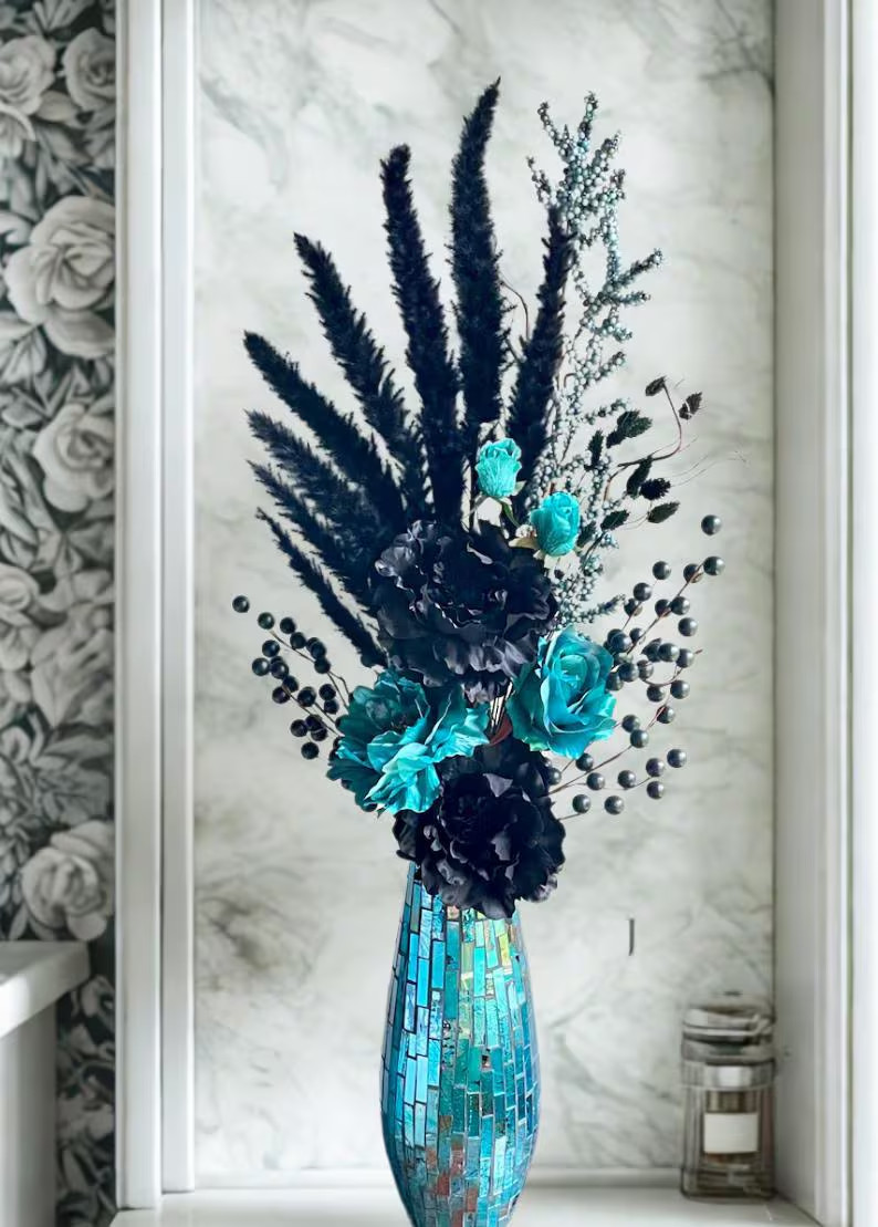 Modern Rose Floral Arrangement: Black & Blue Home Decor, Fancy Table Centerpiece