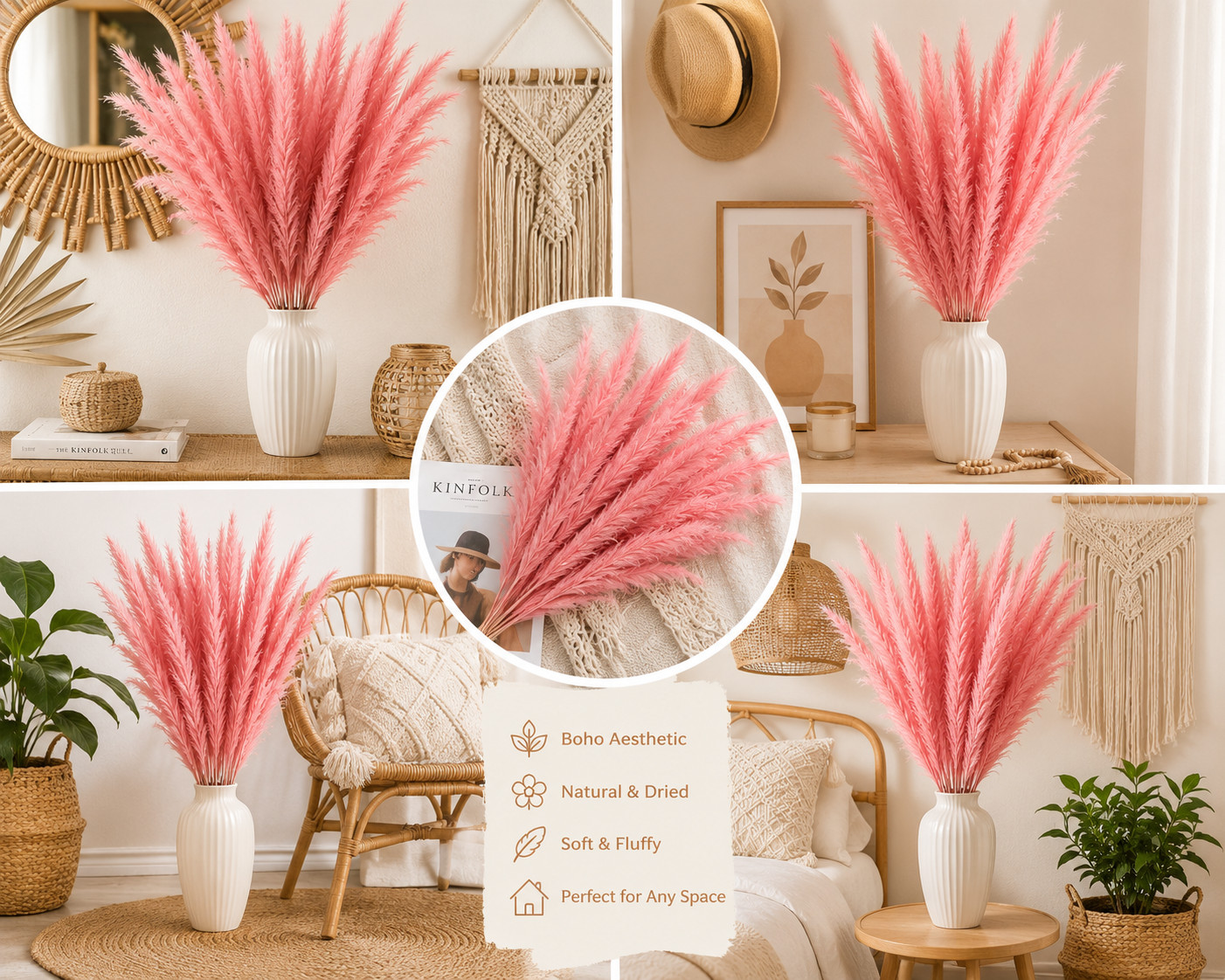 15 Stems Pink Pampas Grass 21″ Dried Floral Bouquet Boho Wedding Home Decor