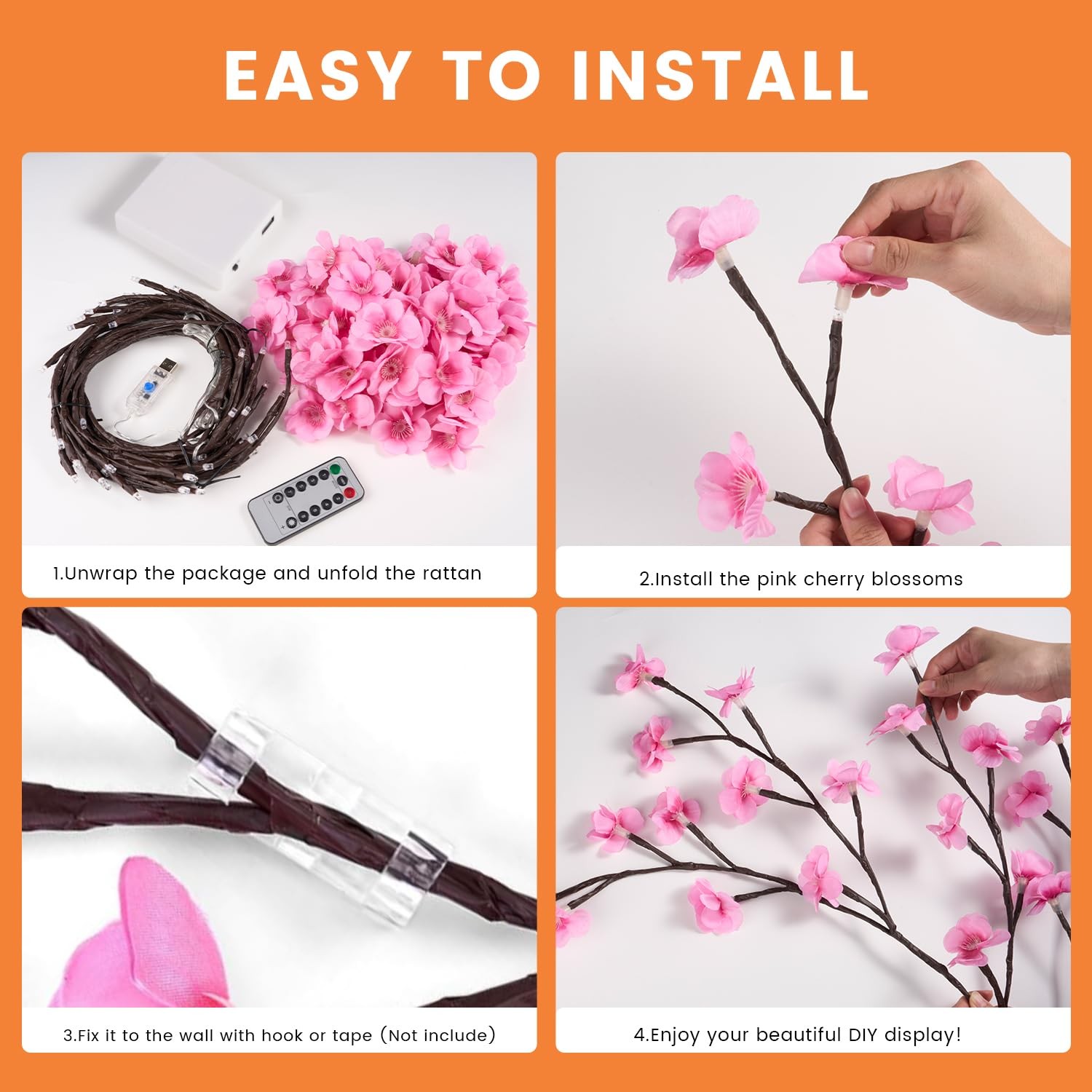 Cherry Blossom Vine Lights for Wall, 4FT 48 LED Pink Flower Lighted Willow Vi…