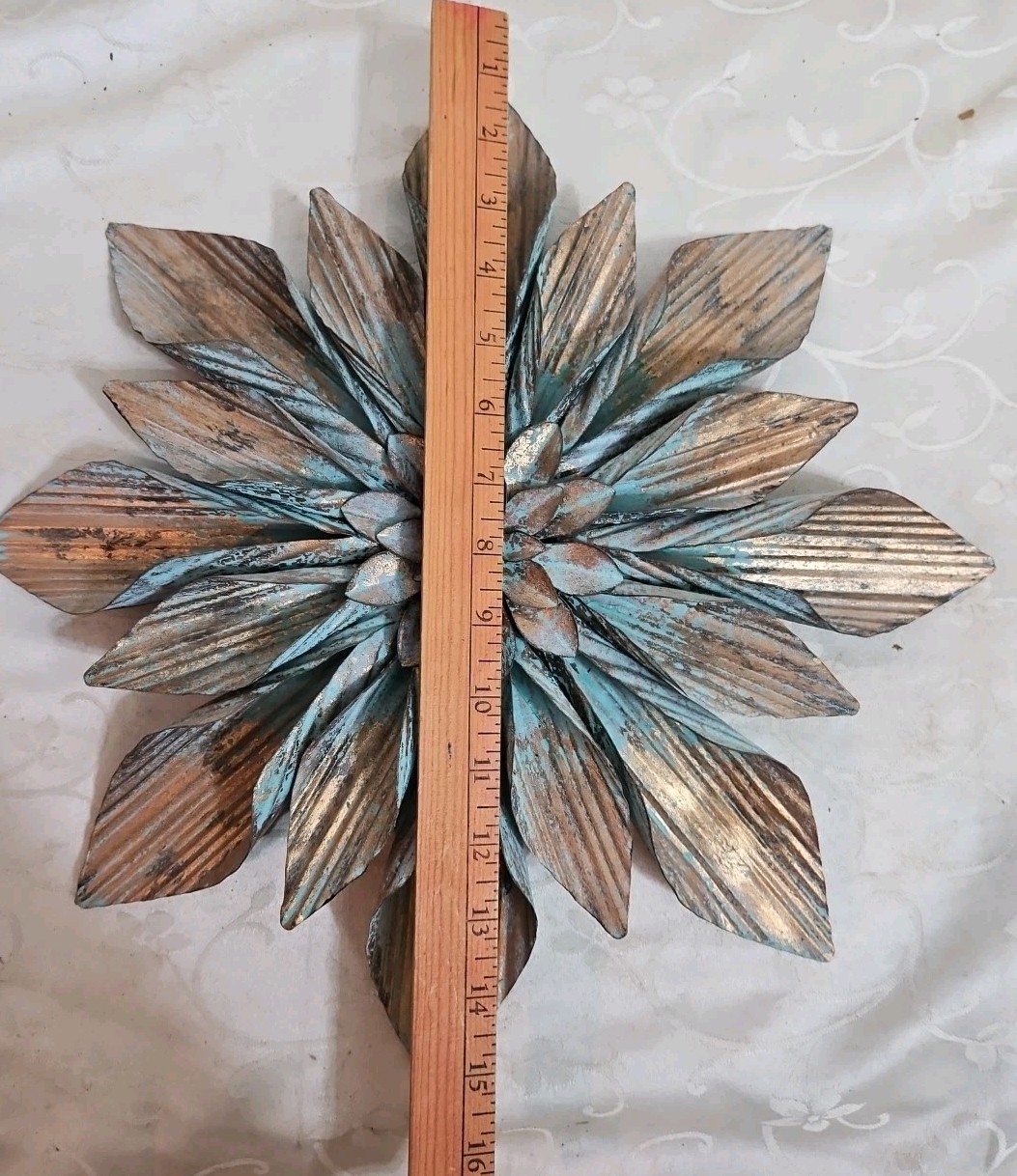 Metal 2 Pc 16″ Hanging Flowers with Rust/Gold/Teal Accents, Quality Textured