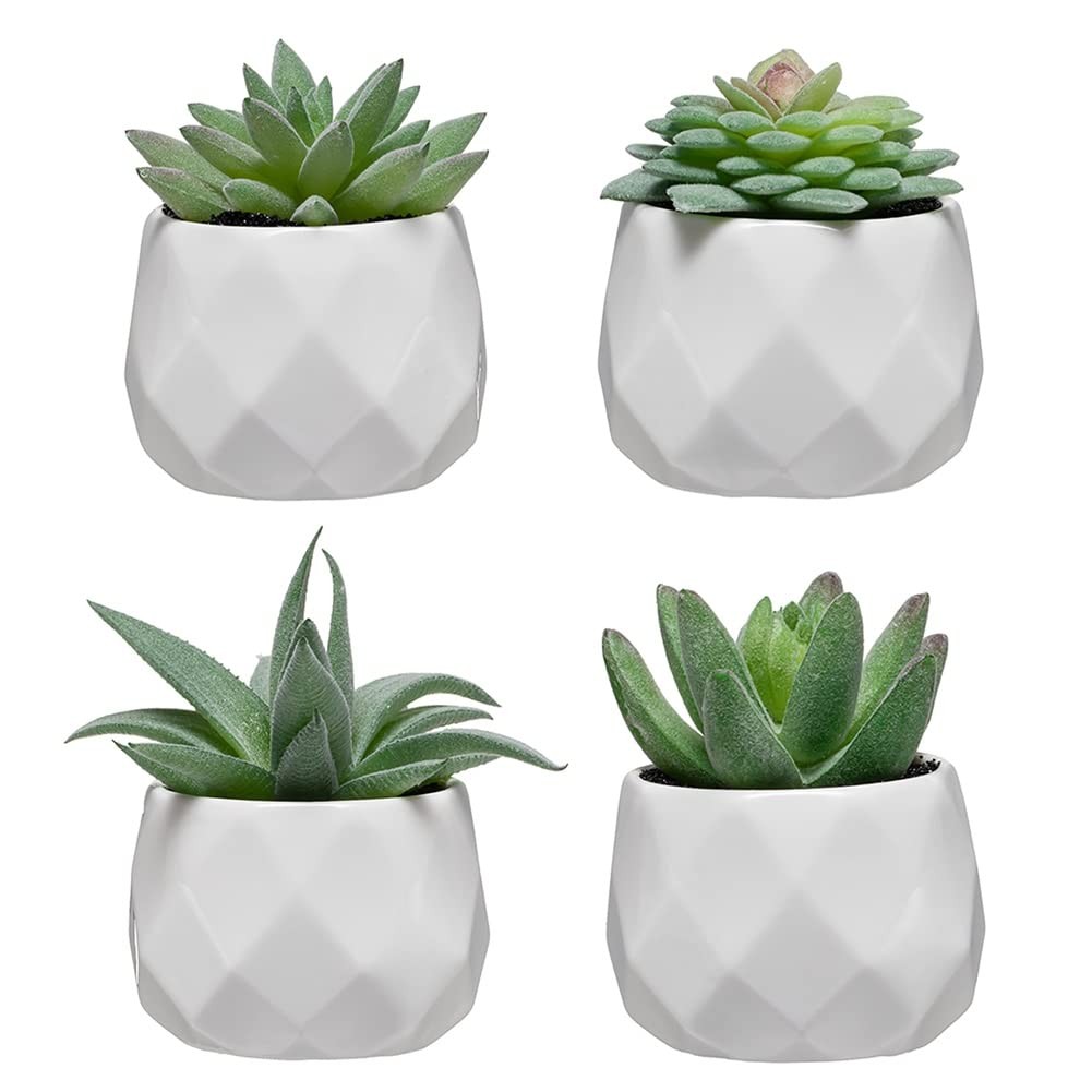 4 Pack Fake Succulent Plant Set, Mini Artificial Ceramic Pots, Green Desk Decor