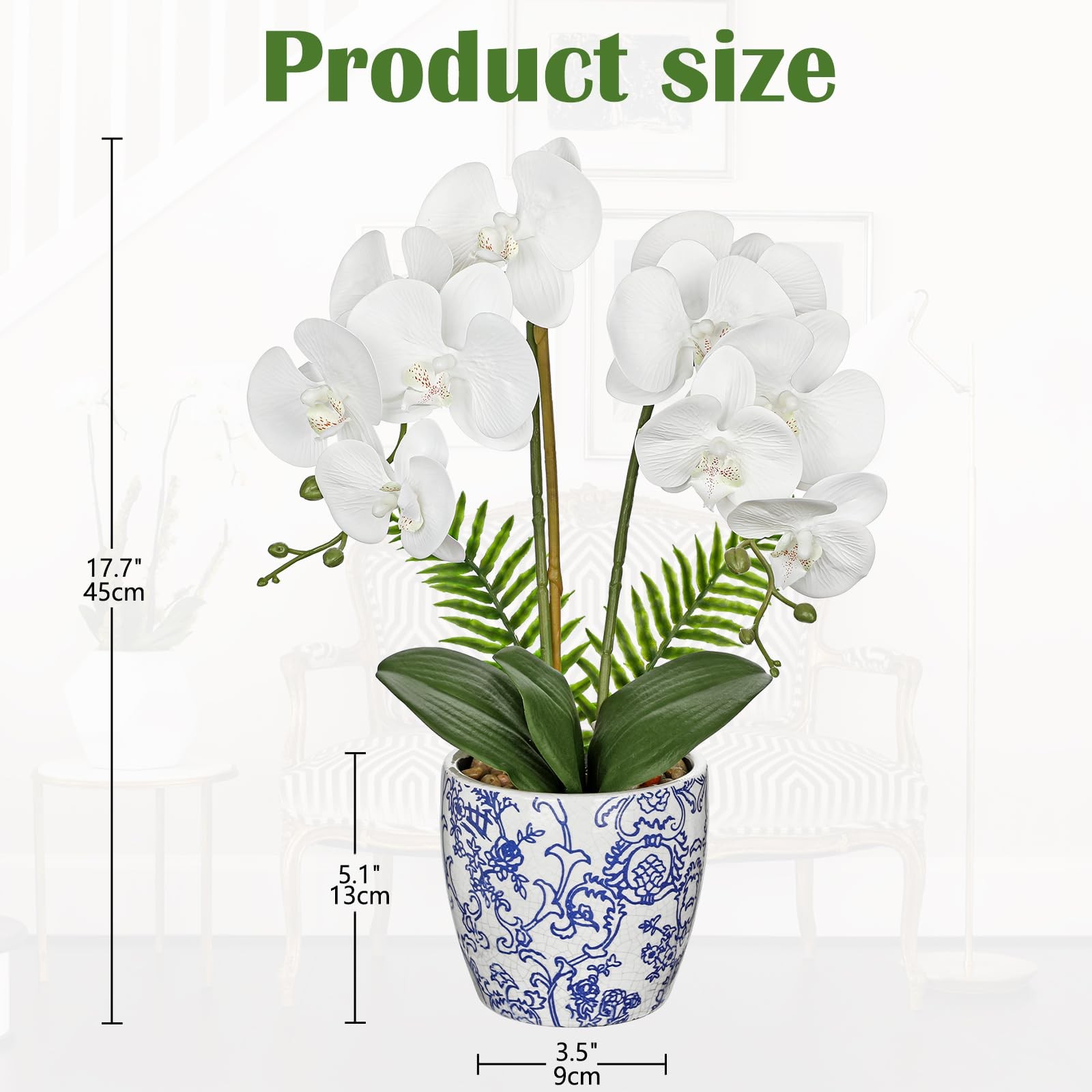 18.8in White Artificial Orchid Silk Flowers In Blue Pot Faux Home Centerpiece