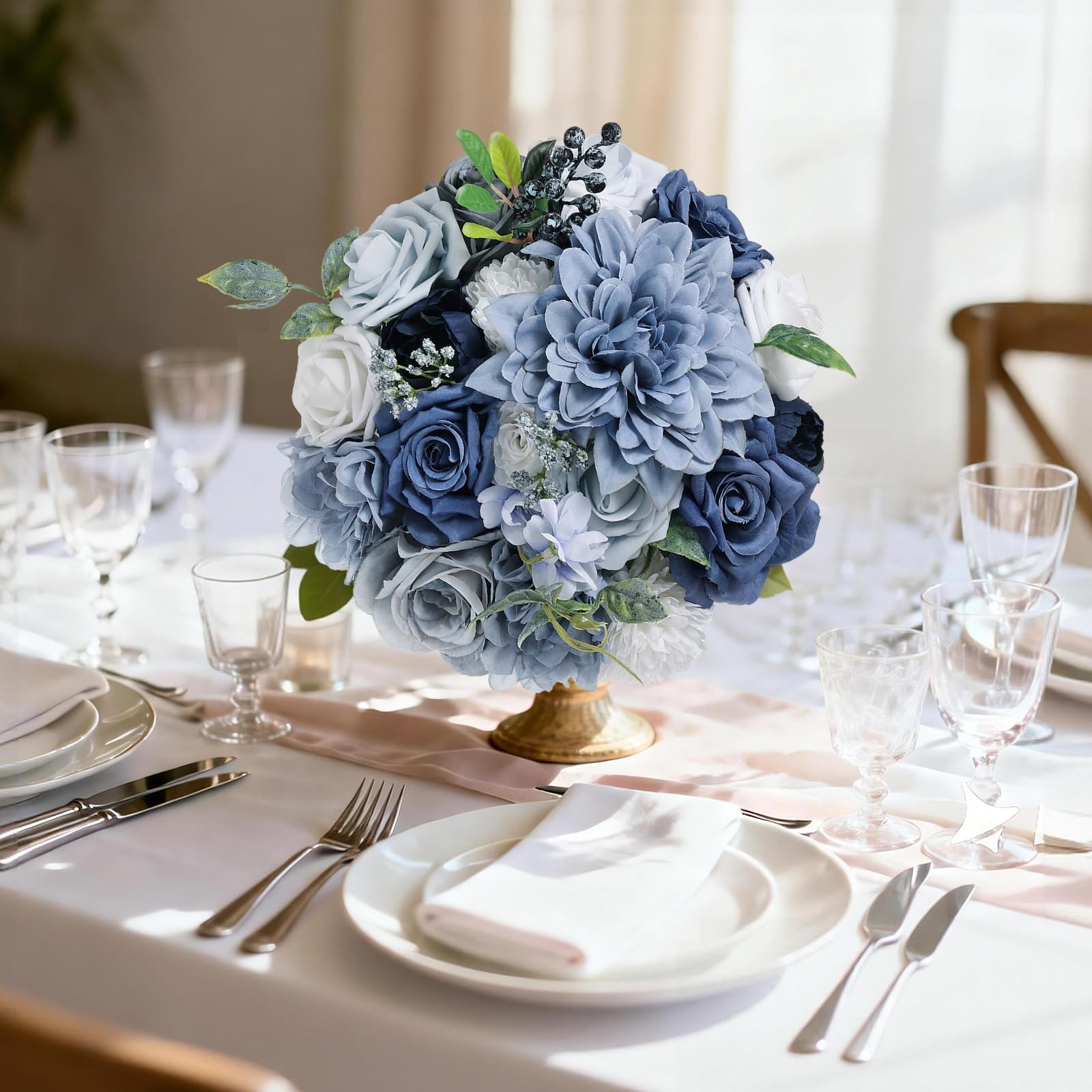 Dusty Blue Artificial Flowers Combo Silk Fake Flower Box Set Wedding Bouquet
