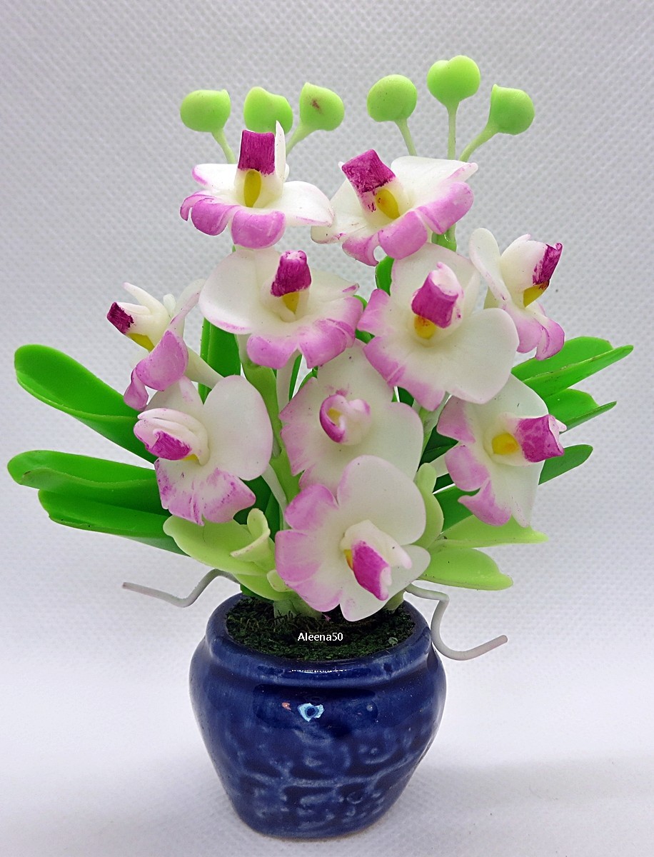 US Stock 5″H Handmade Air Dry Clay Mini Dendrobium Orchid Arranged in Pot
