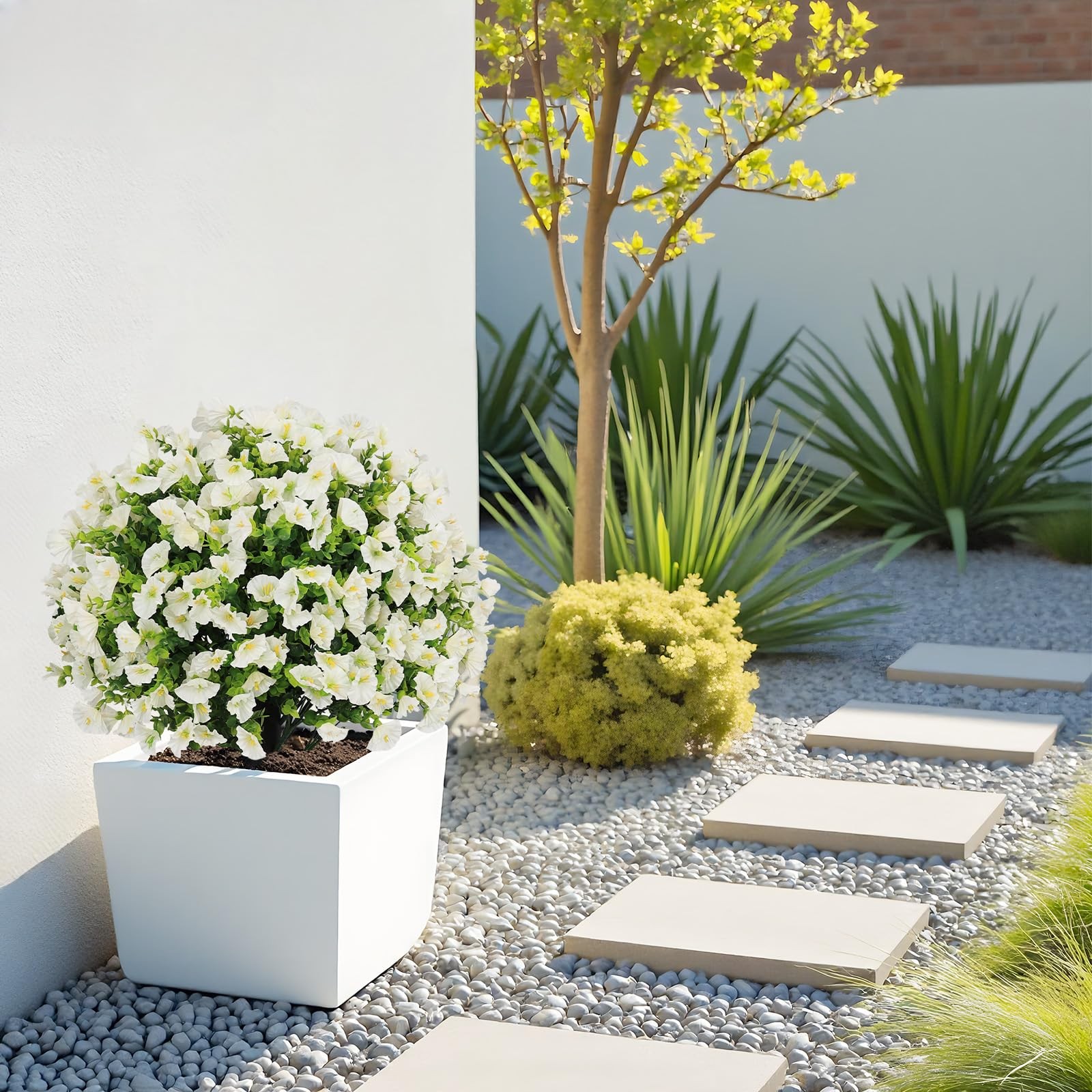 24″ Artificial Potted Plants Outdoor Set of 2, UV Resistant Faux White Flowers