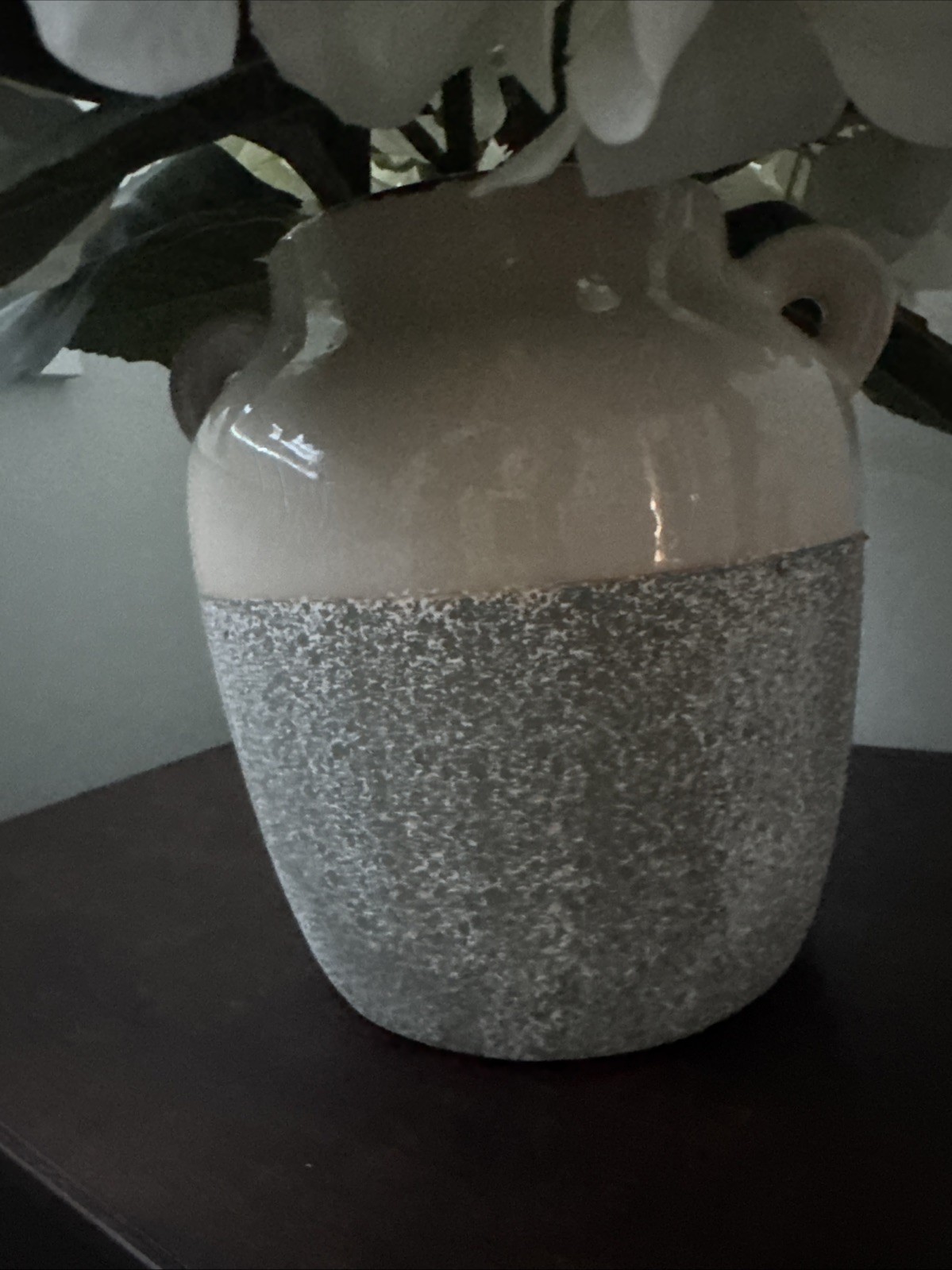Contemporary Spring Faux Arrangement -White Hydrangea In Pottery Vase