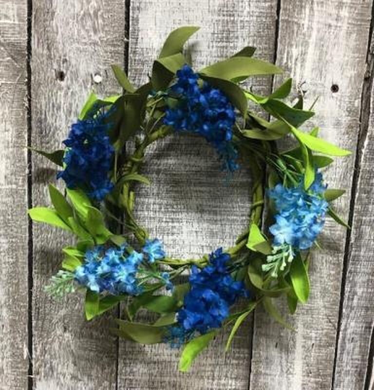 New French Country Cottage Farmhouse BLUE LILAC CANDLE RING Flower Wreath 4″