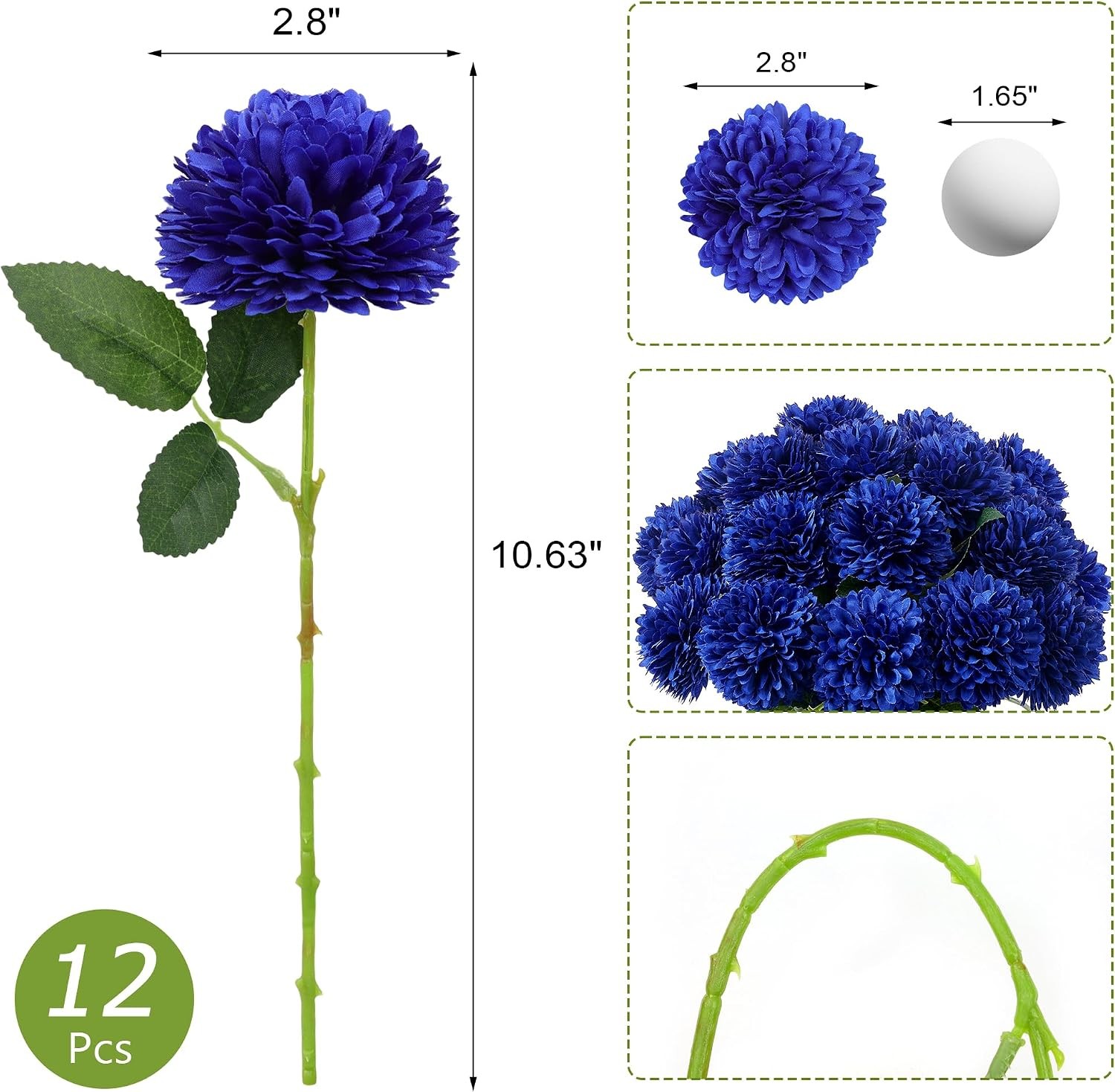 12 Pcs Blue Artificial Chrysanthemums Flowers Ball Flower Fake Mums Silk for Wed