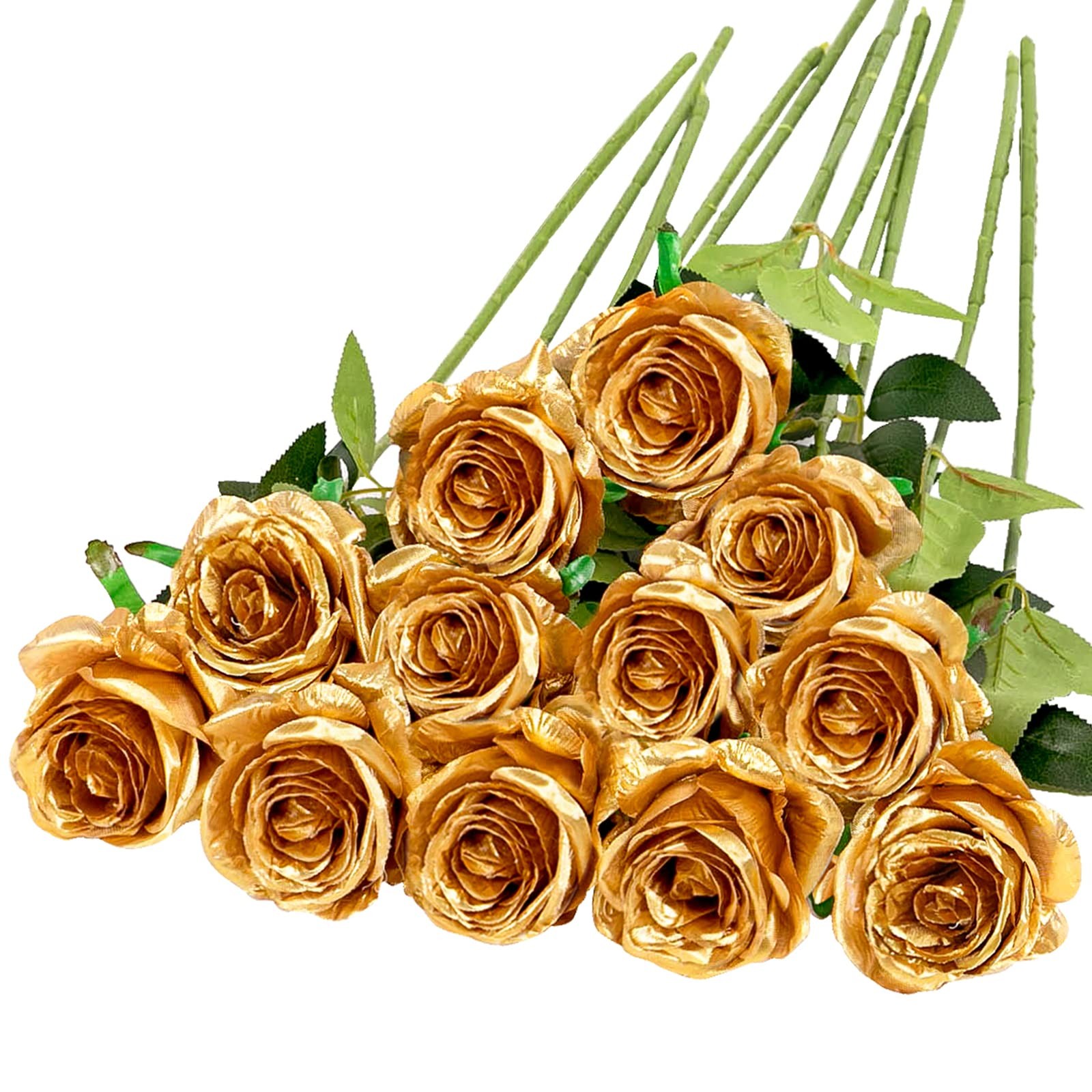 12 Pcs Gold Artificial Flowers Realistic Blooming Rose For Home Decor Weddings