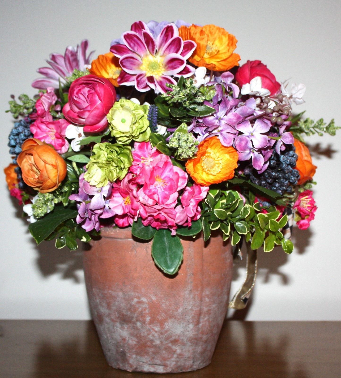 Faux Floral Arrangement In Mossed Terracotta Planter With Mackenzie Childs Bow!
