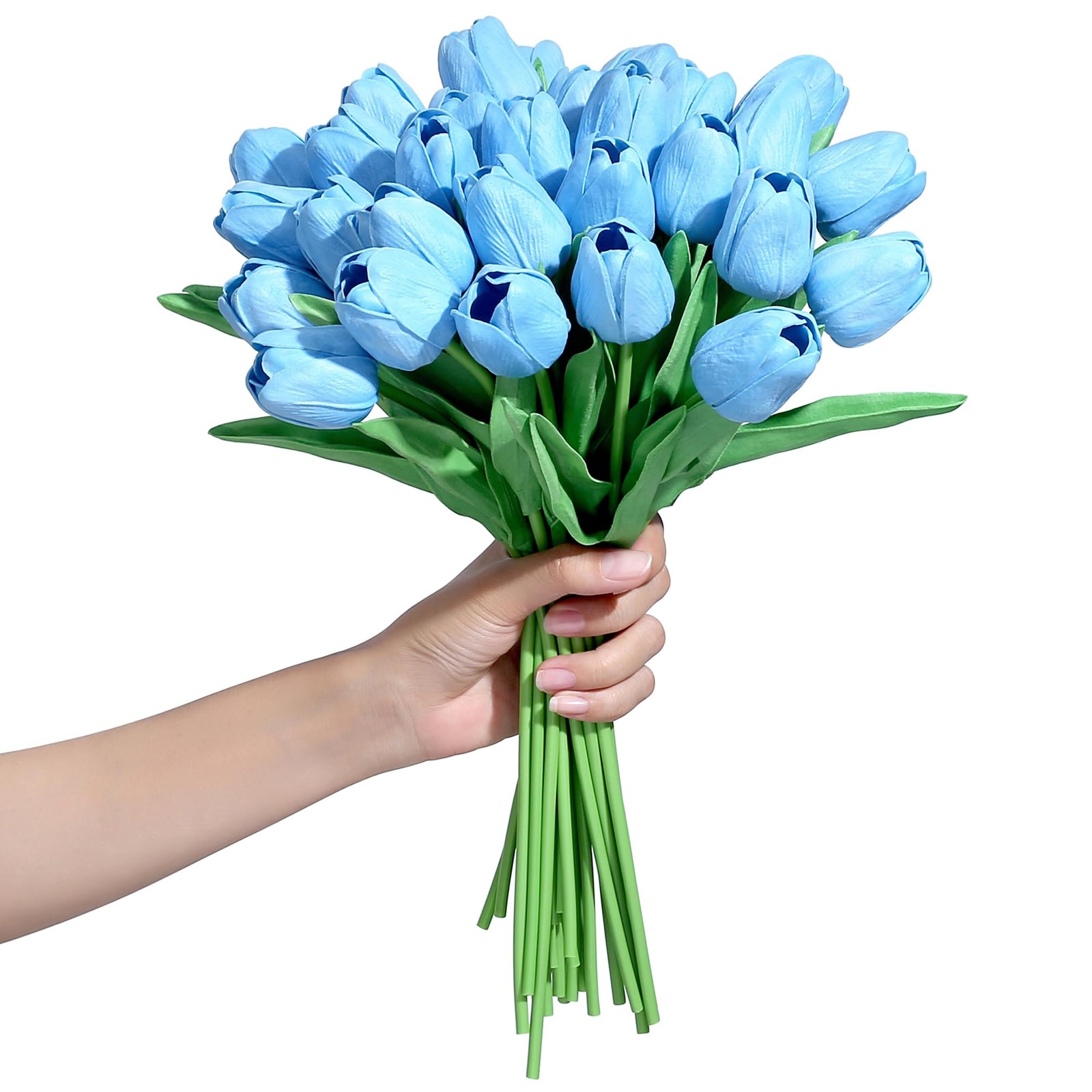 15pcs Blue Tulips Fake Artificial Flowers Real Touch 14″ PU Flower for Home D…