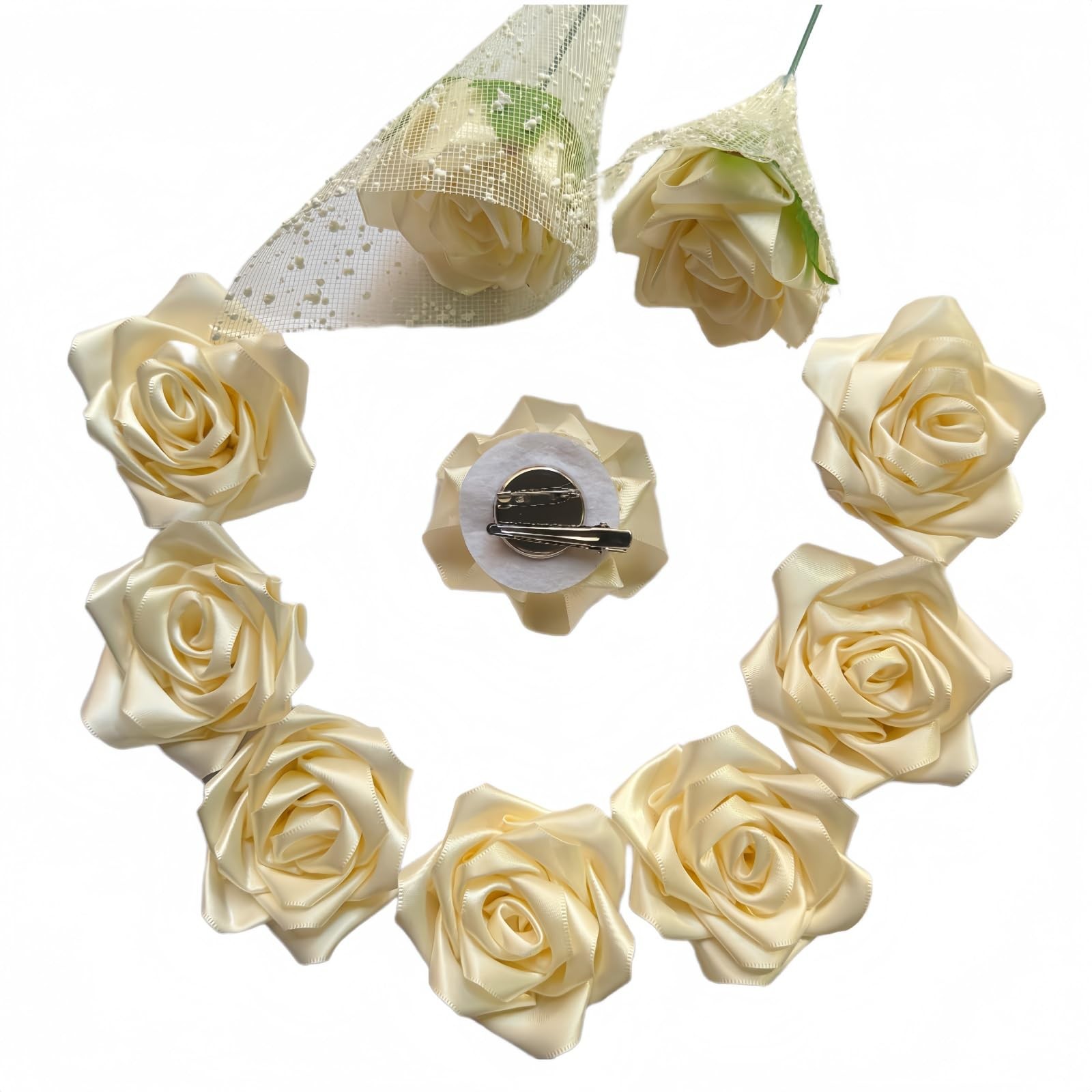 8 Head Premade Satin Rose DIY Set – Forever Flower Complete Kit Assembly Mult…