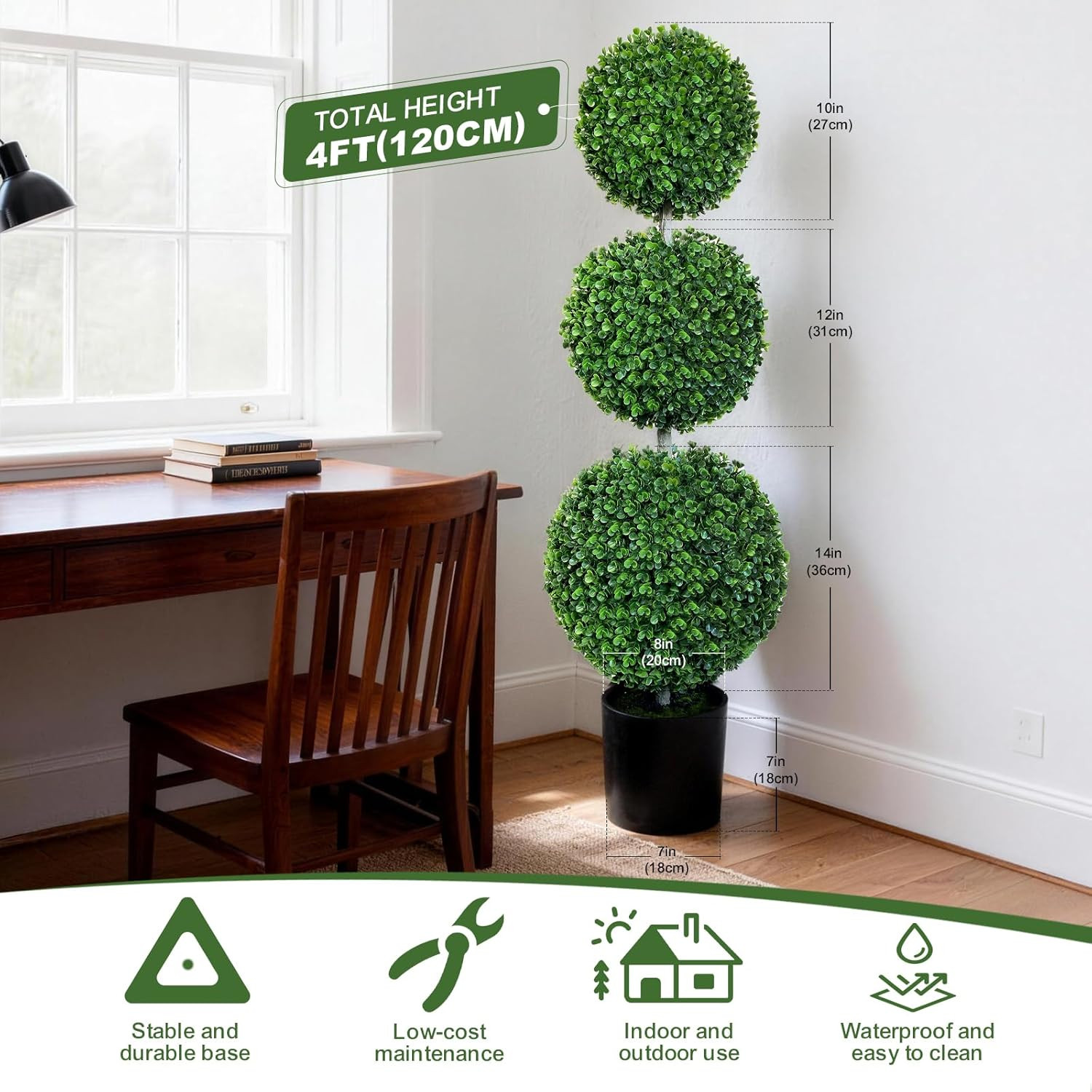 4ft Triple Ball Boxwood Topiary Tree with Black Planter – Indoor/Outdoor Décor