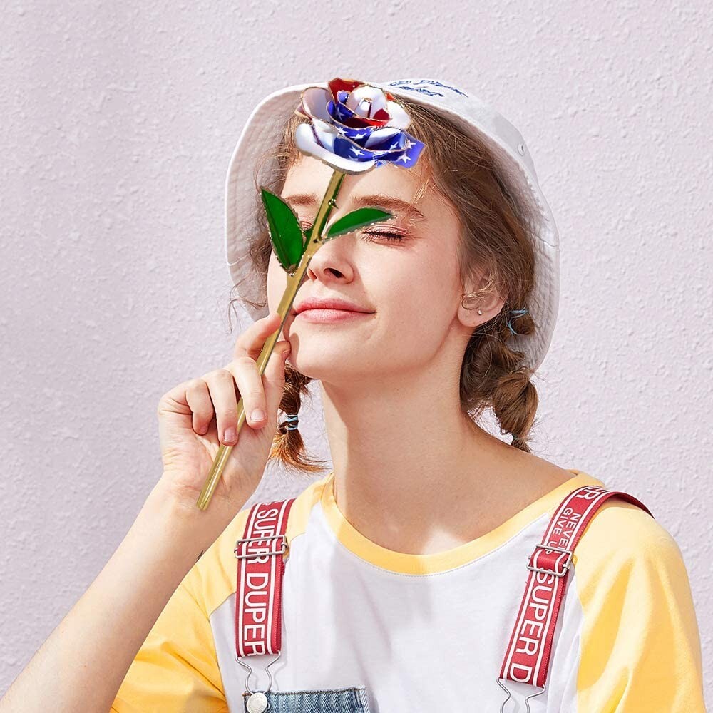 American Flag Patriotic 24K Gold Dipped Long Stem Forever Rose