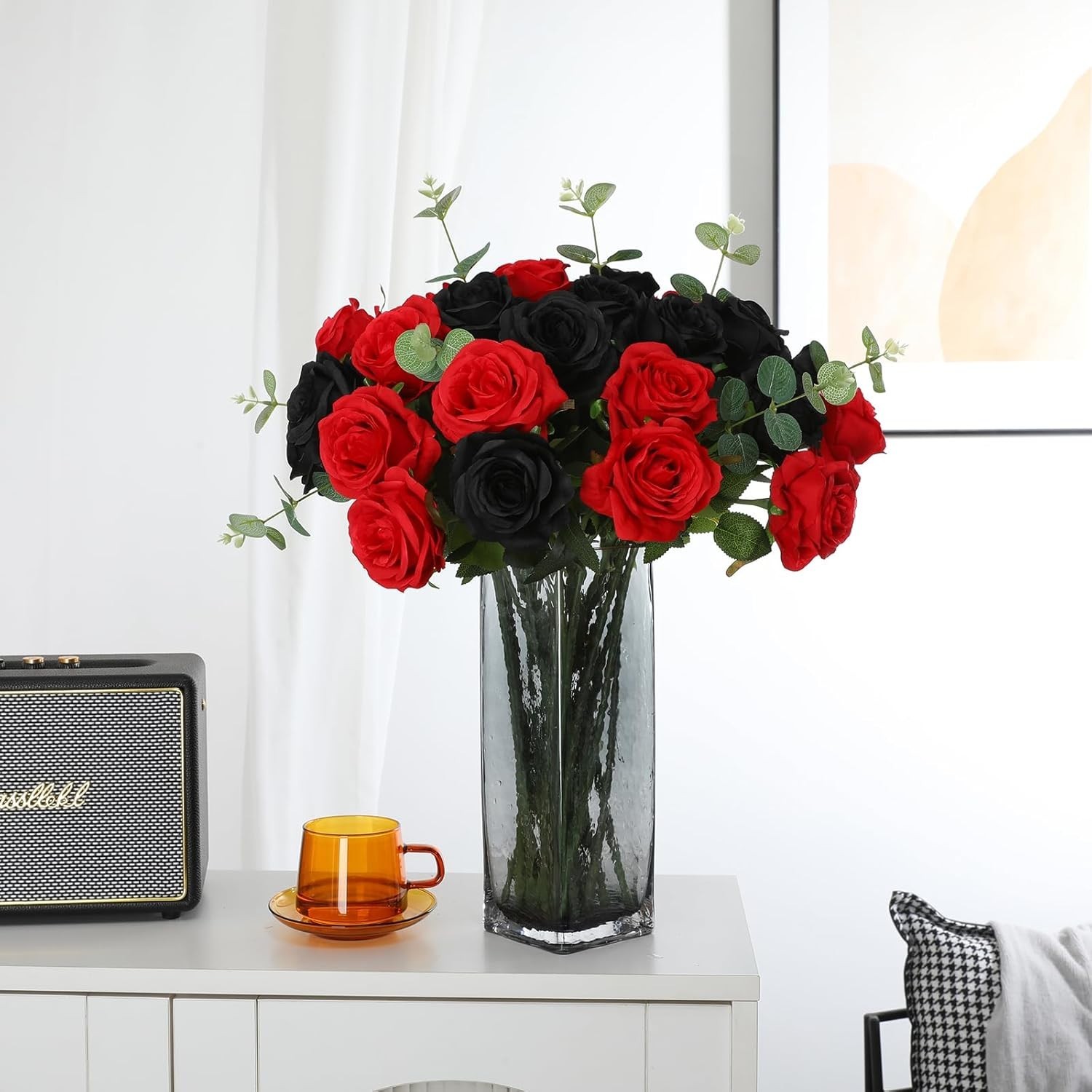 Artificial Roses 12 Pcs Black and Red Silk Flowers for Home Decor Centerpieces
