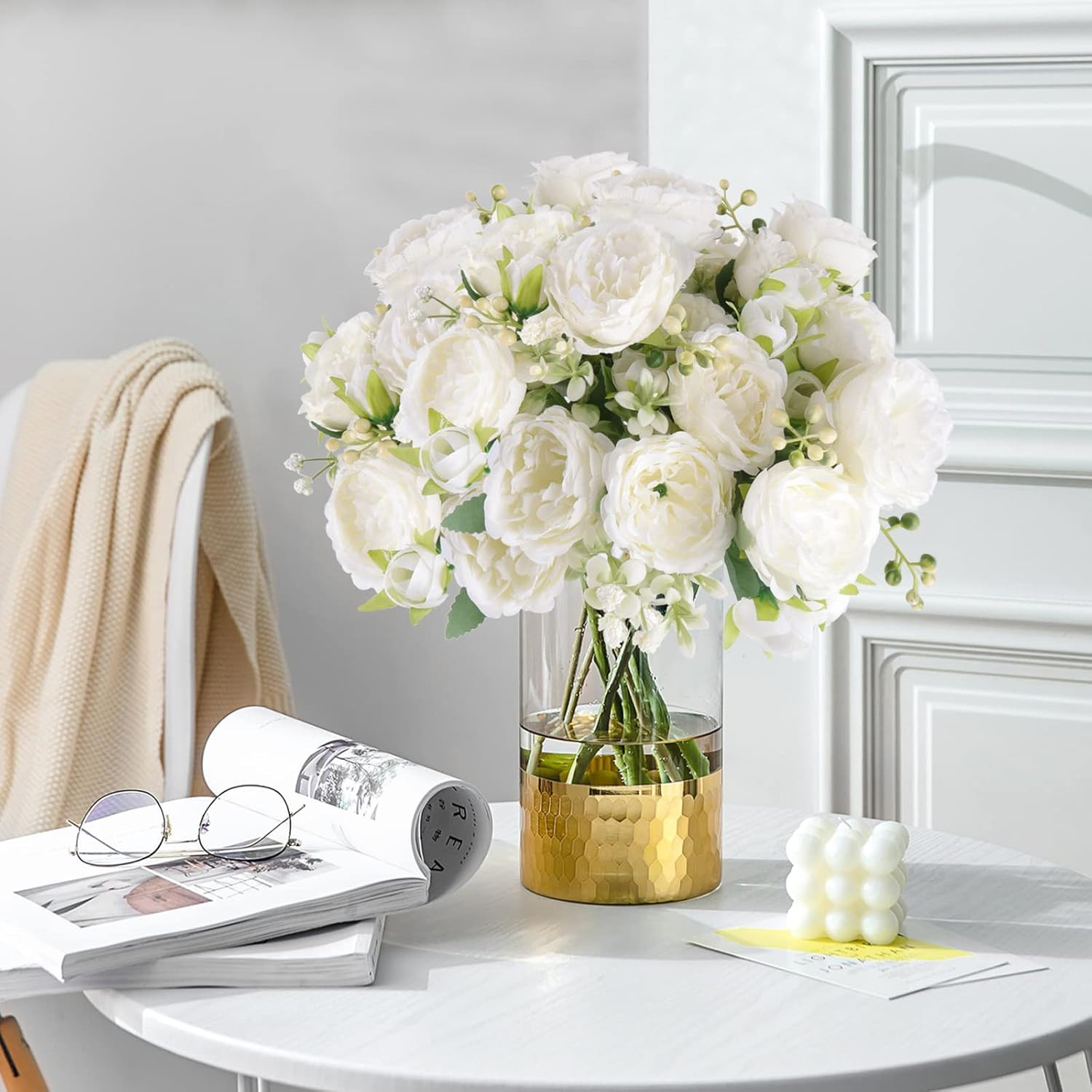 4 Bundles Artificial Peonies Silk Flowers, White Faux Peony Bouquet Florals Arra