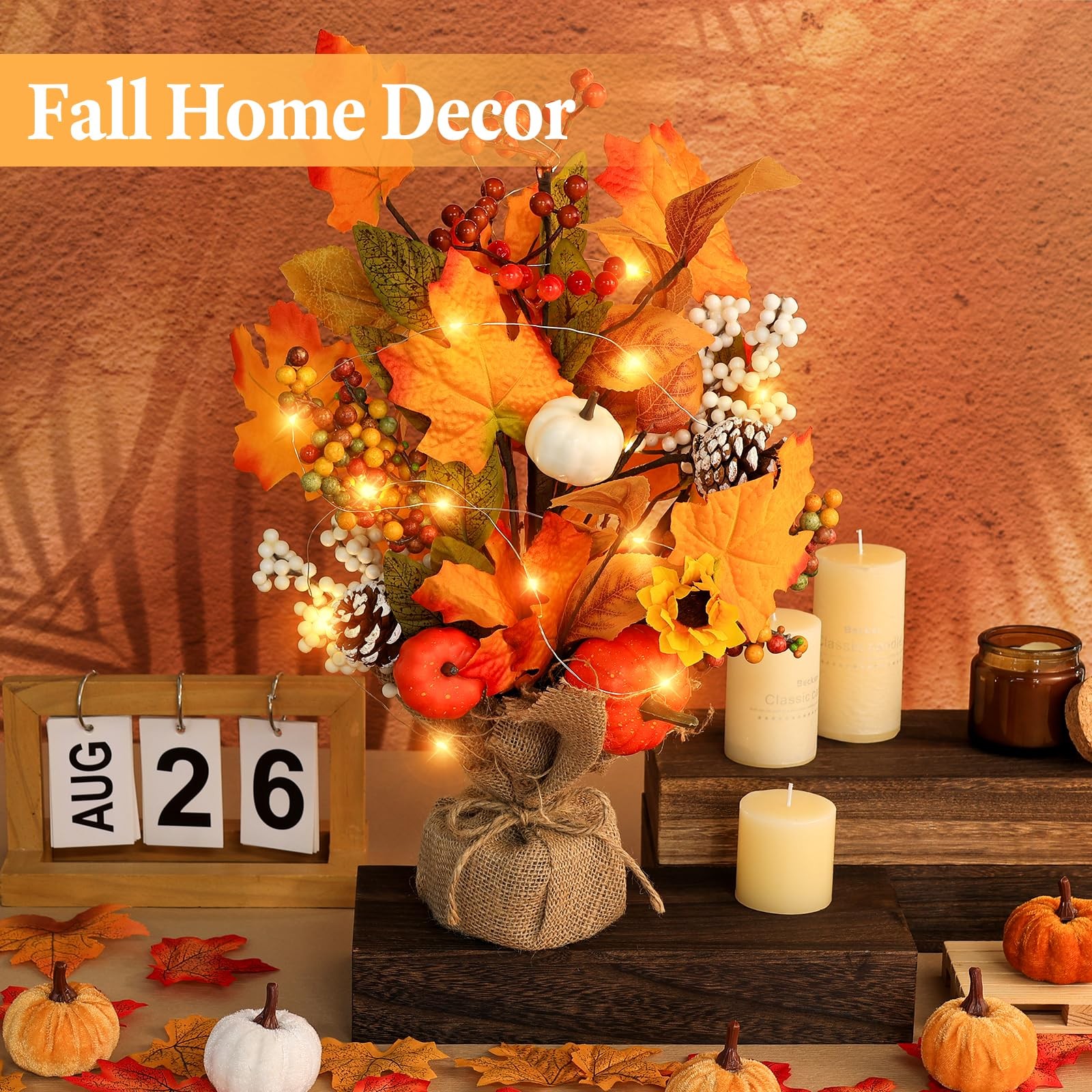 2 PCS Fall Maple Tabletop Tree Decor Pumpkins Pinecones LED Burlap Base Autumn