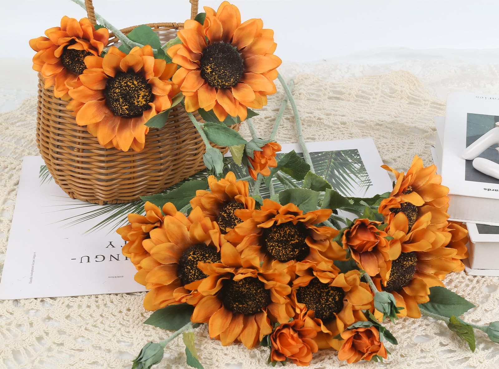 Artificial Sunflower Flowers Orange Faux Sunflowers with Long Stems 3pcs Fake