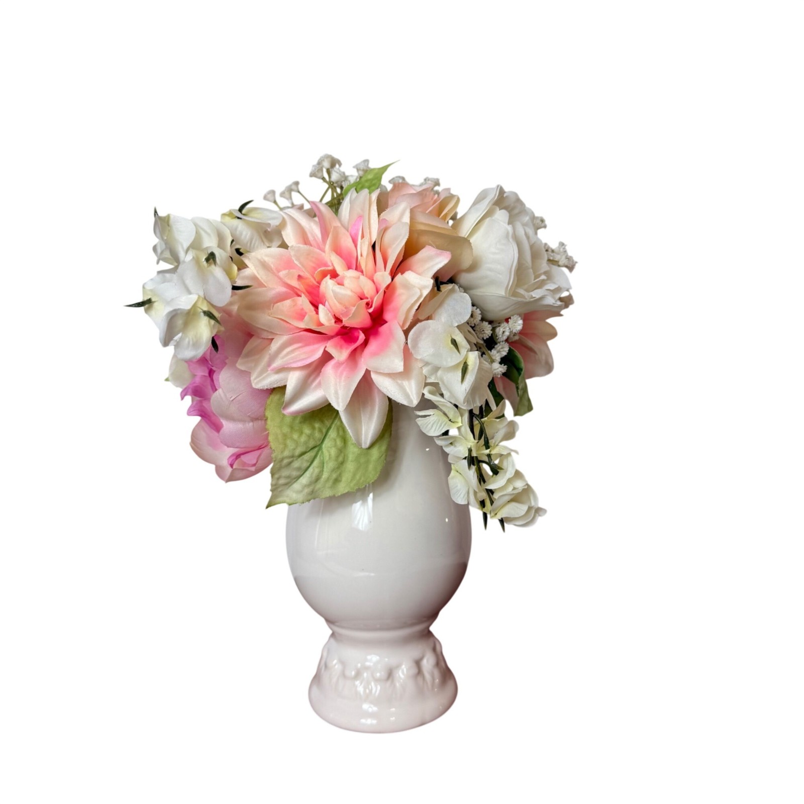 Vintage Faux Floral Arrangement White Ceramic Pedestal Vase Pink Peonies Decor