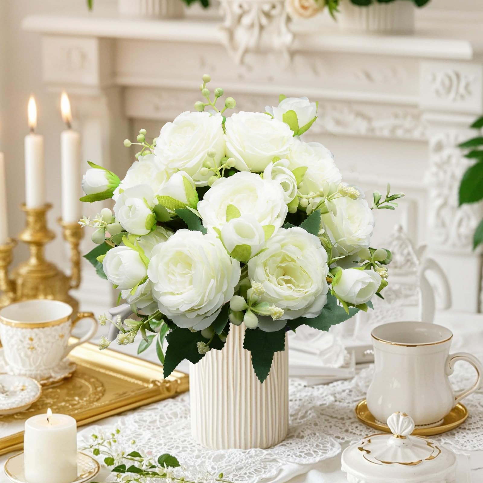 2 PCS Artificial Flowers Bouquet 10 PCS Austin Rose Heads White Peonies