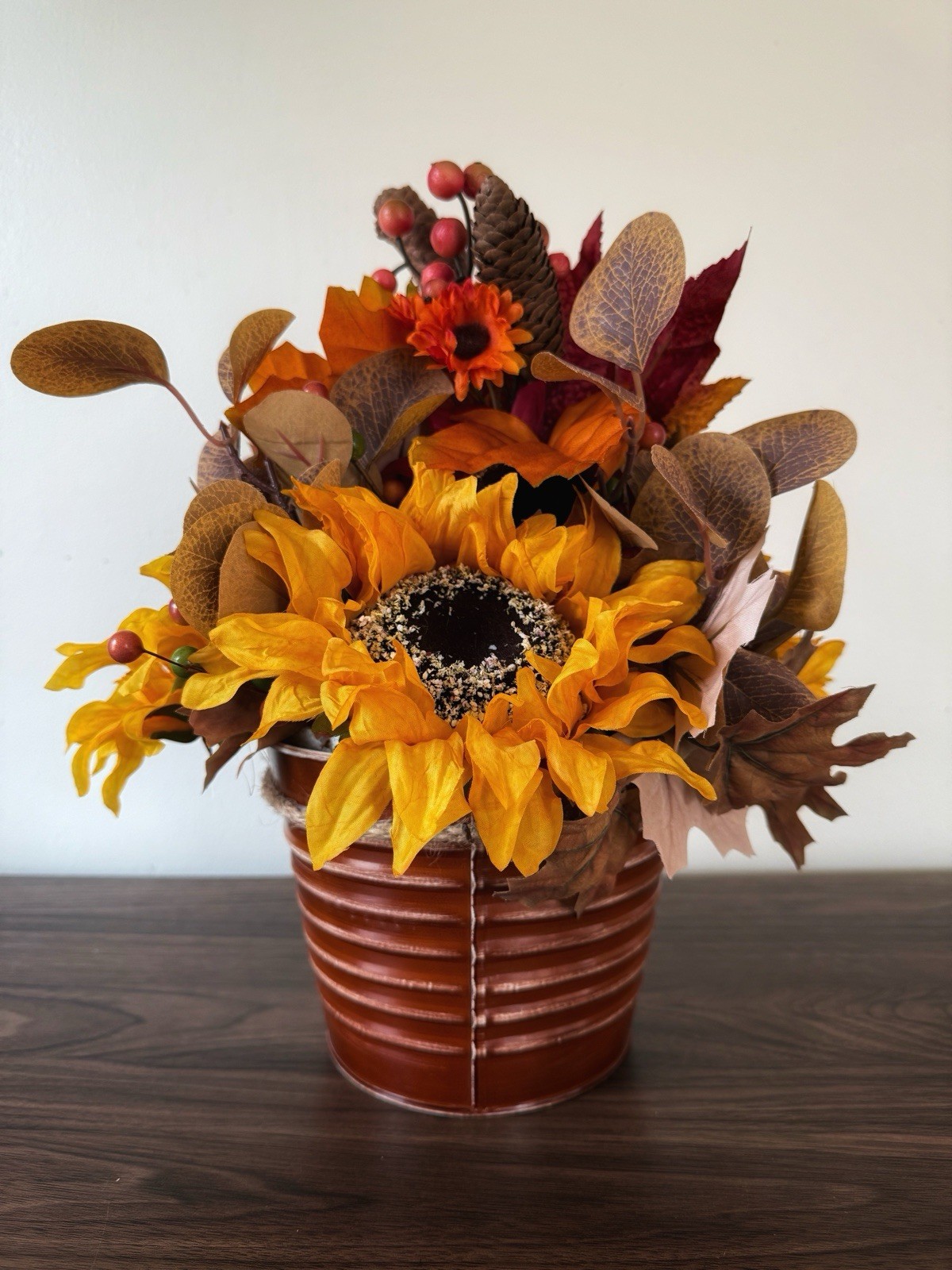 Handmade Fall Colors Centerpiece In A Warm, Festive Tin With Silk Flowers
