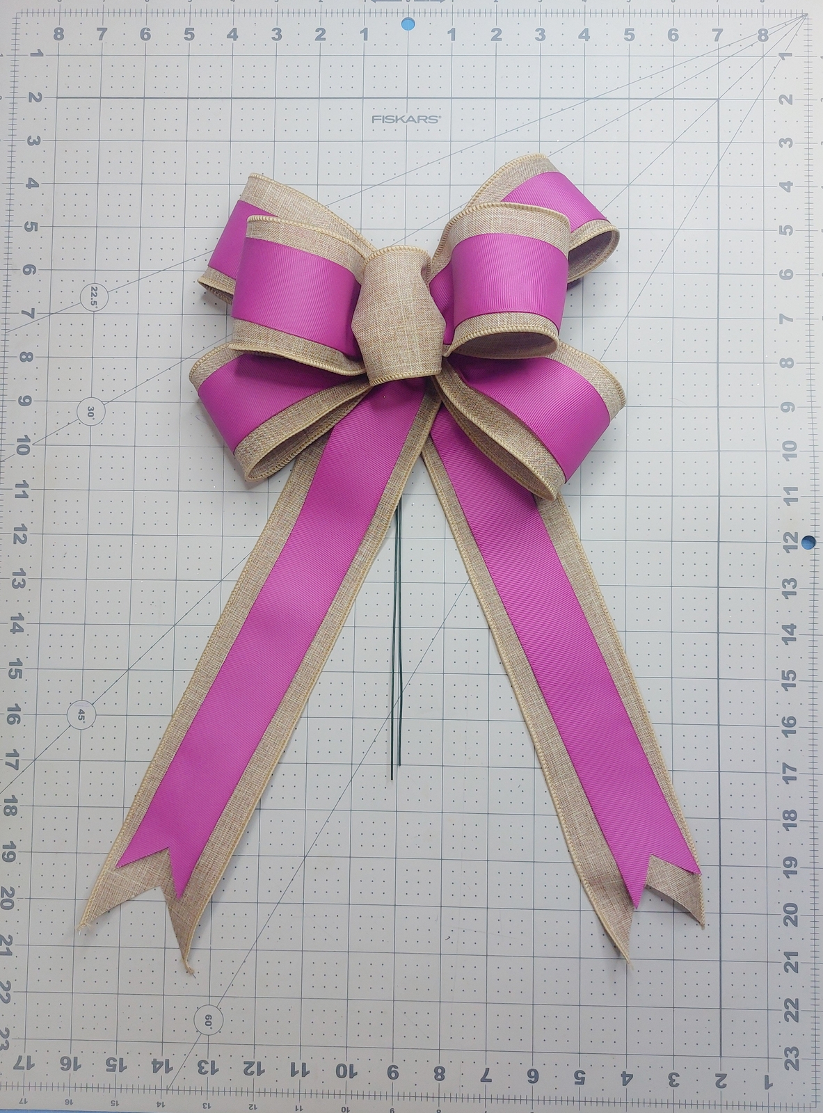 Wreath Bow, Beige Linen, Dark Orchid Grosgrain