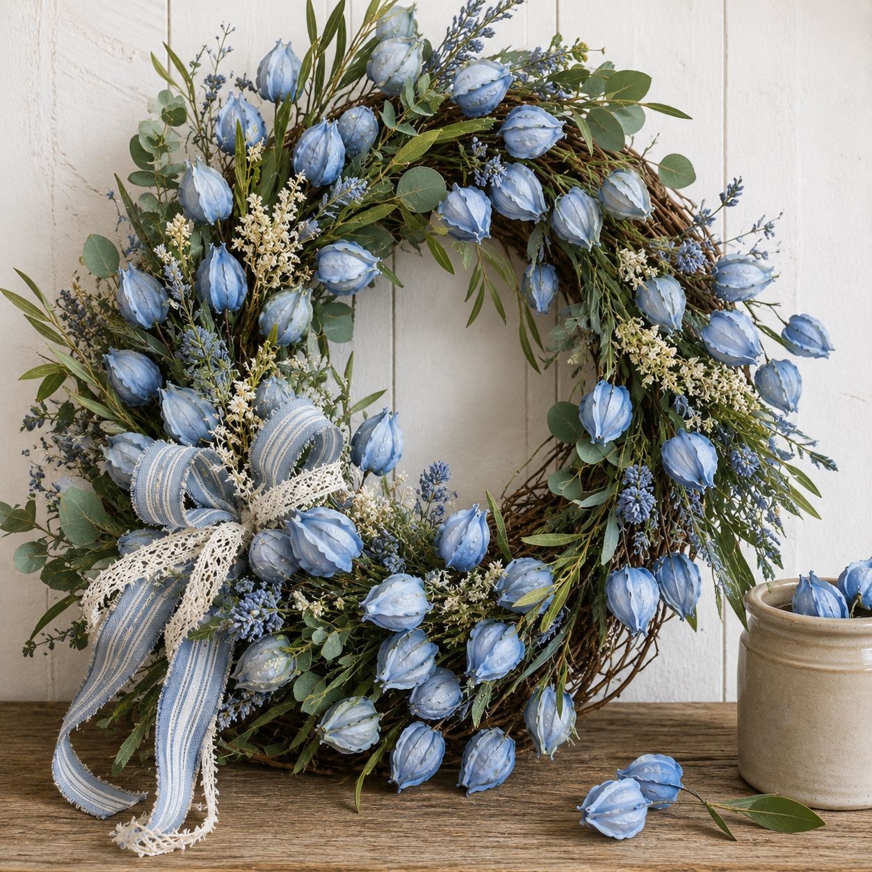 2 Blue Chinese Lantern Stems | 32 Inch Tall French Blue Lantern Pods Farmhouse