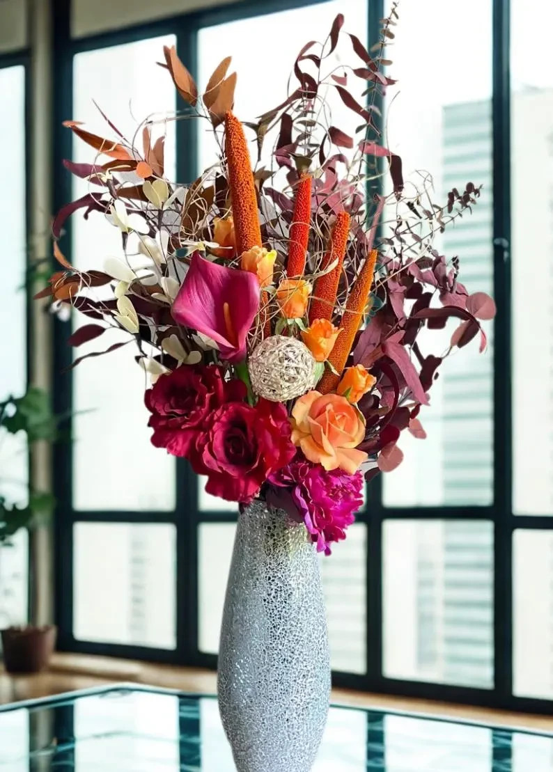 Flower Arrangement- Burgundy Orange Mauve Roses Tulips Hydrangea Centerpiece