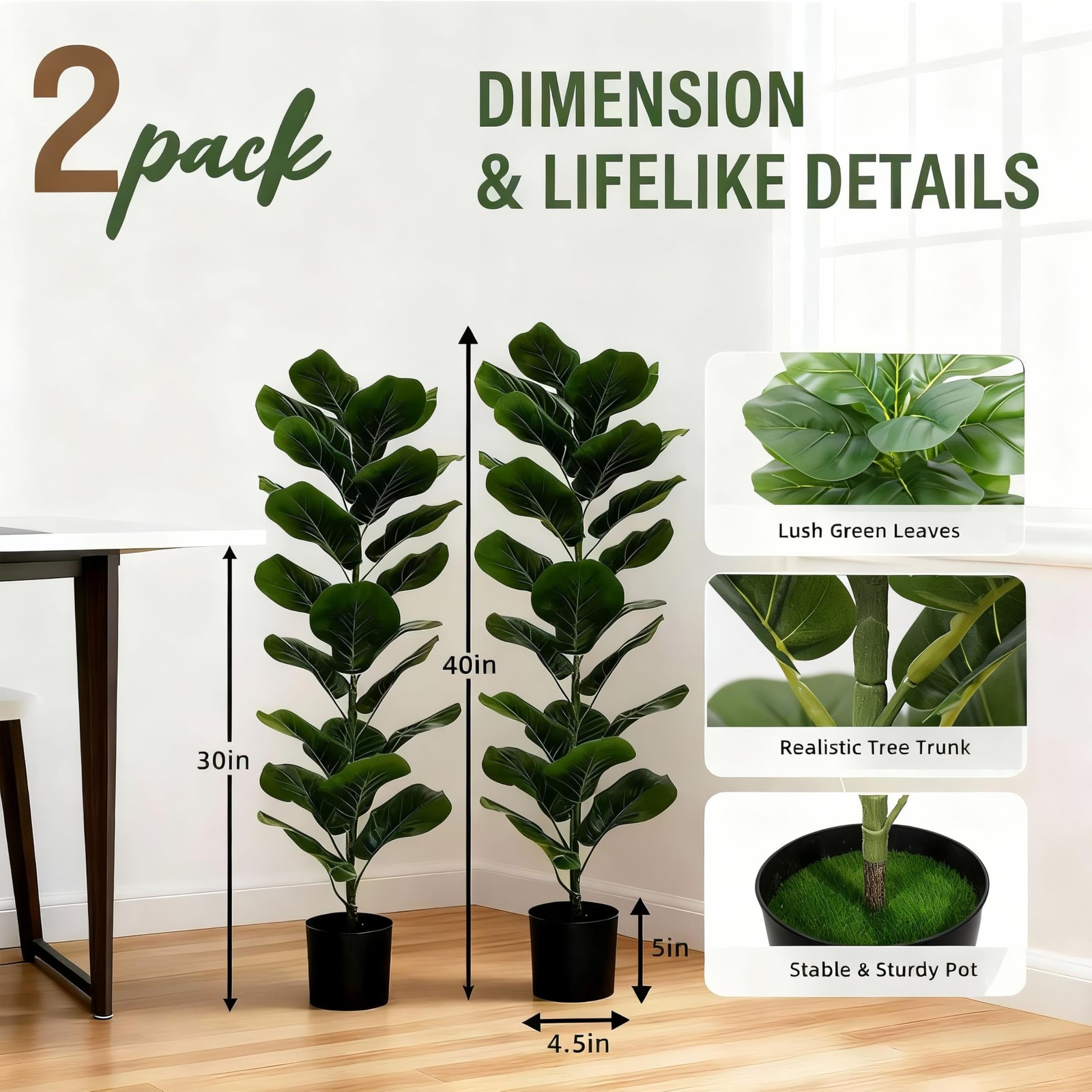 Best 2 Pack Faux Fiddle Leaf Fig Tree – 40″ Fake with Black Planter & Artificial