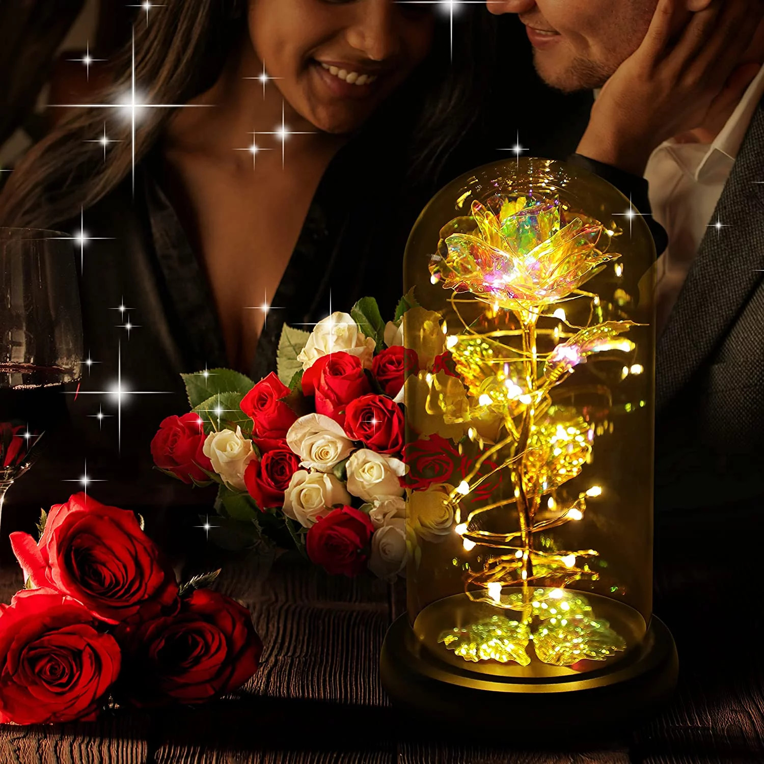 Childom Artificial Flower Rose Light Multicolor Glass Dome 5×8.7″ w/ LED Lights