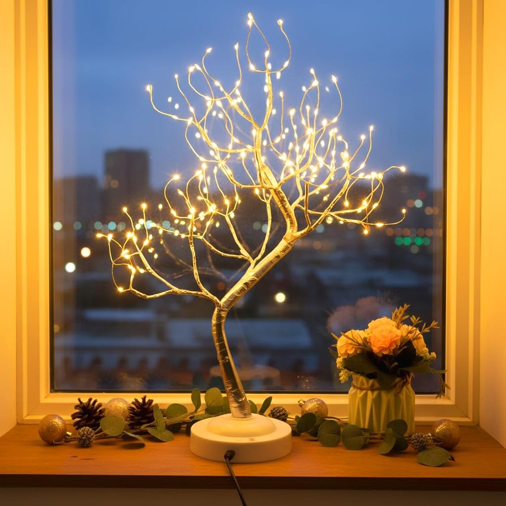 FUCHSUN 108 LED Tabletop Bonsai Tree Light Artificial Silver Branch Warm