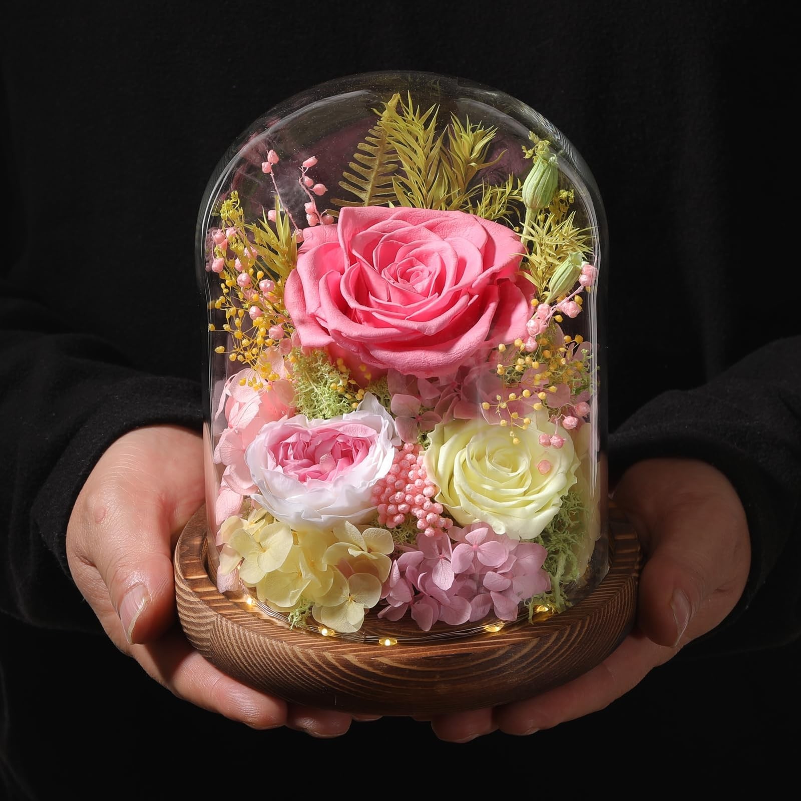 Preserved Pink Roses in Glass Dome with LED Light – Long Lasting Forever Flowers