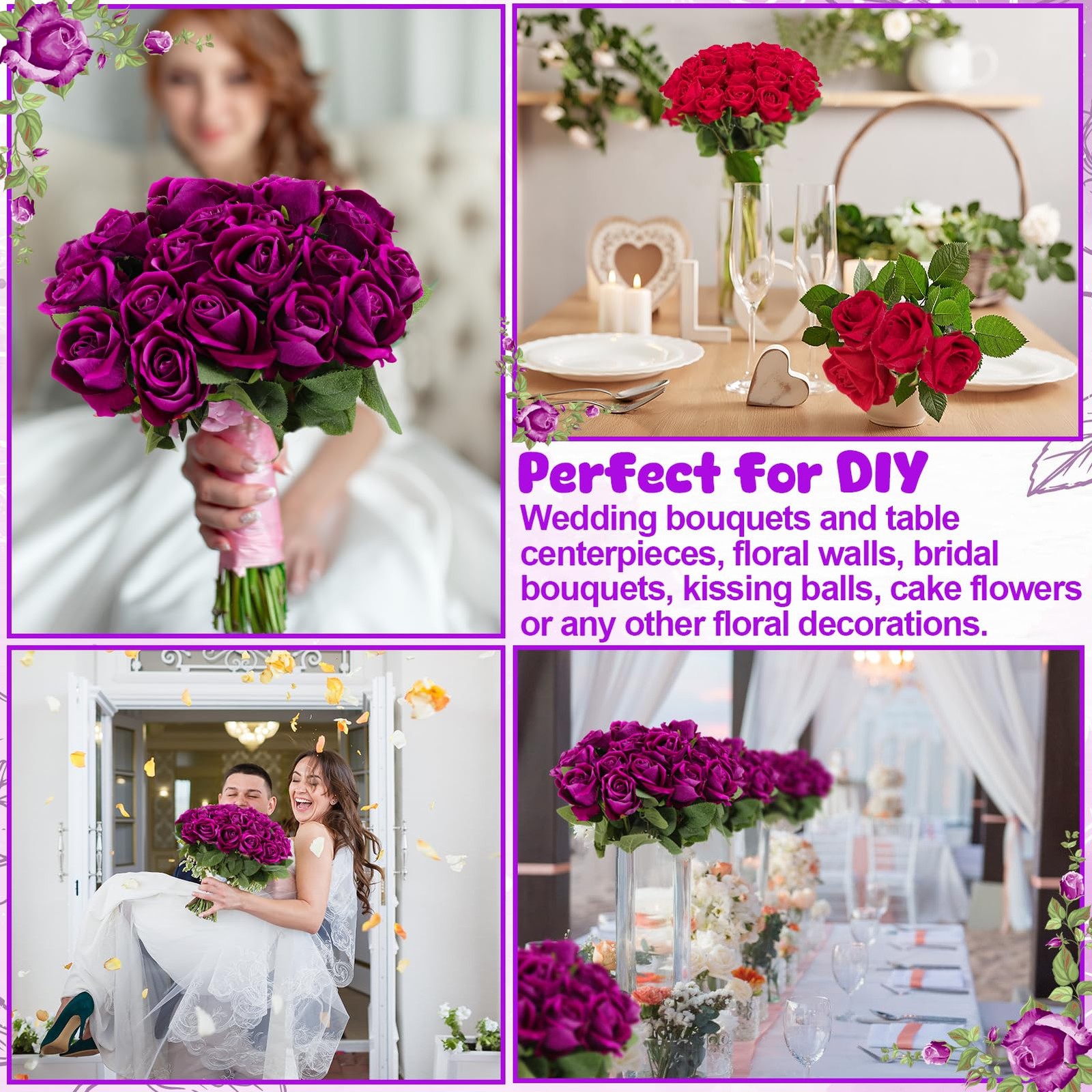 Hoemwarm 36 Pcs Dark Purple Velvet Artificial Flowers, Realistic Fake Roses B…