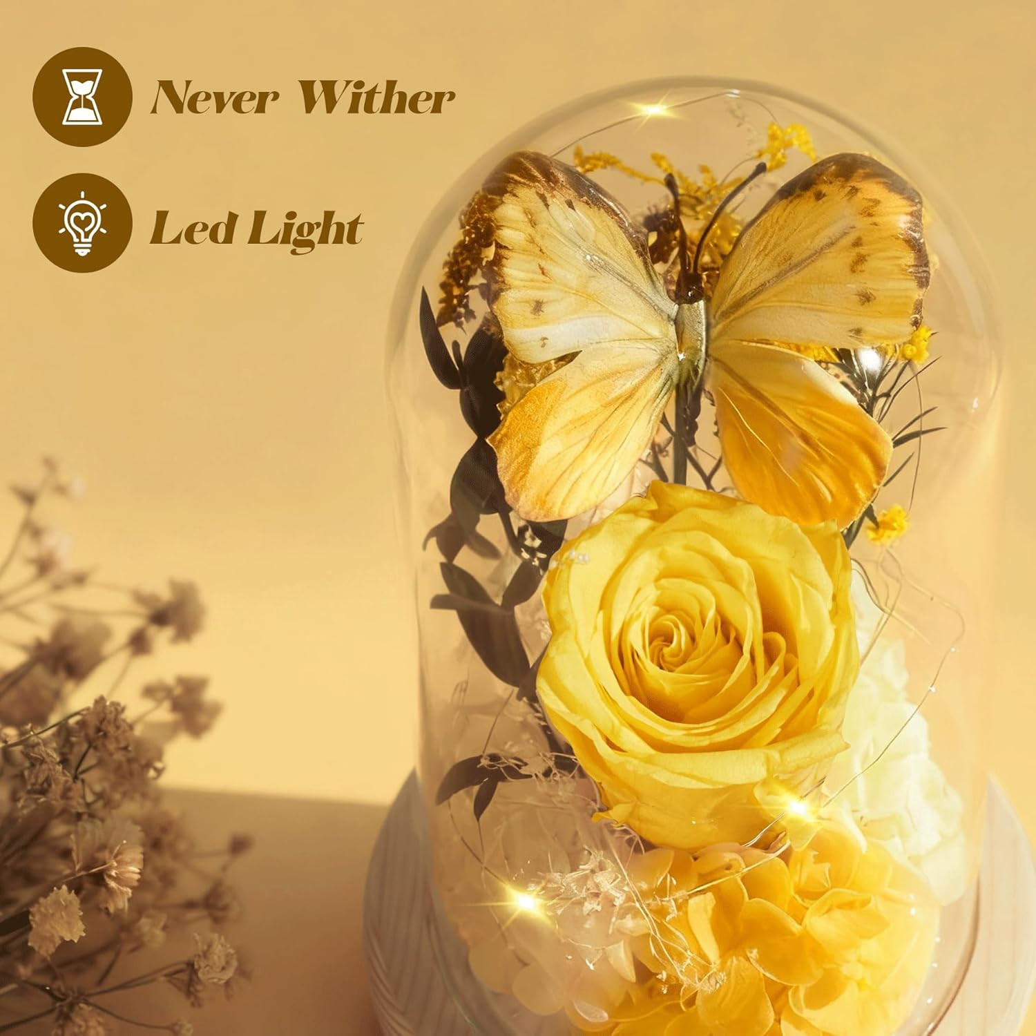 Preserved Yellow Roses in Glass Dome – Perfect Gift for Her on Any Occasion