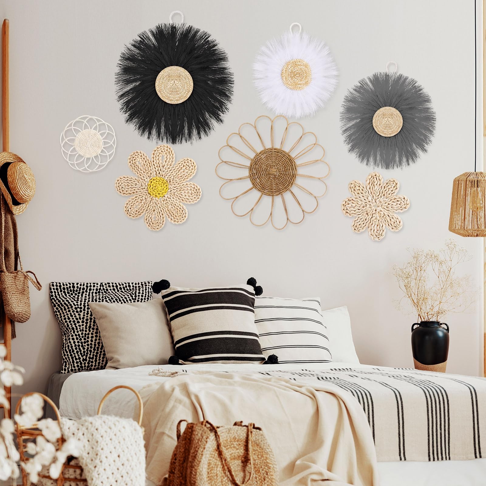 Chunful Boho Rattan Flower Wall Decor Light Grey