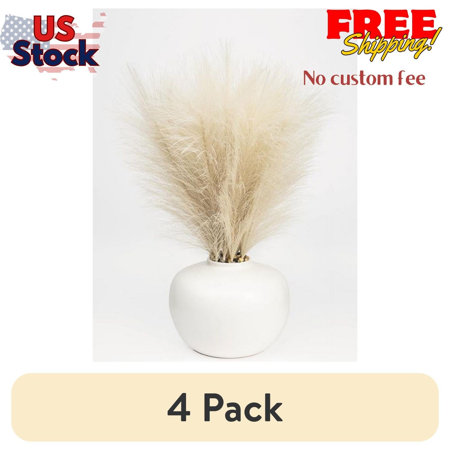 (4 pack) 14″ Artificial Pampas Grass in White Ceramic Vase