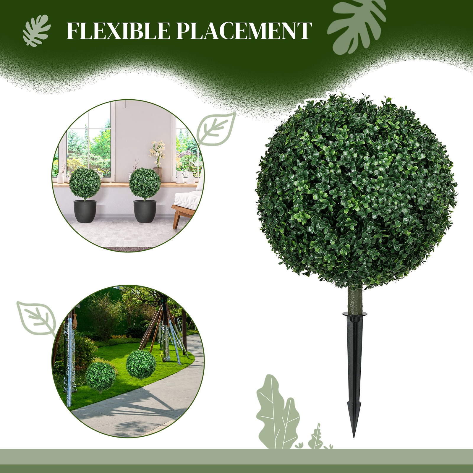 Artificial Boxwood Trees w/ Ground Stake, Set of 2 Ball Shaped Topiary Trees
