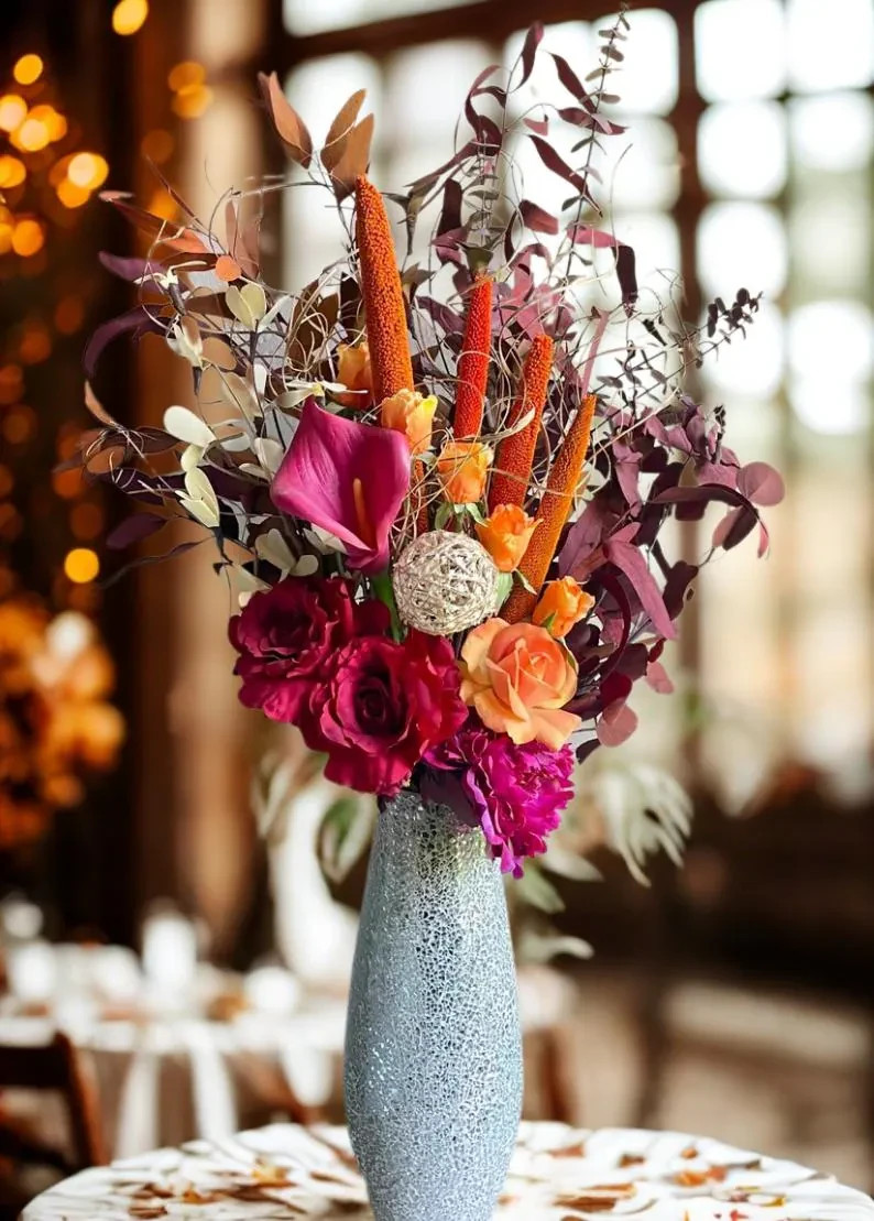 Flower Arrangement- Burgundy Orange Mauve Roses Tulips Hydrangea Centerpiece